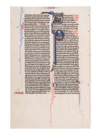 JOHANNES GRUSCH ATELIER (active Paris, c. 1235-1260s) A leaf from a Bible, with a historiated initial ‘P’ of St. Paul, in Latin, illuminated manuscript on parchment [Paris, c. 1250]