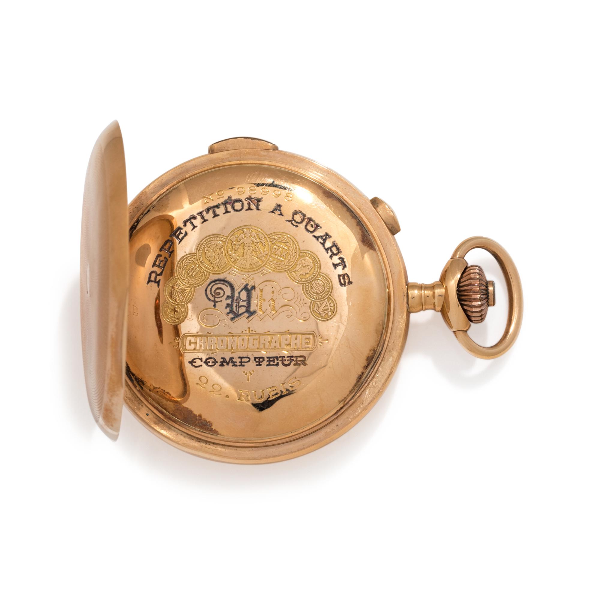 18K YELLOW GOLD CHRONOGRAPH QUARTER REPEATER HUNTER CASE POCKET WATCH
