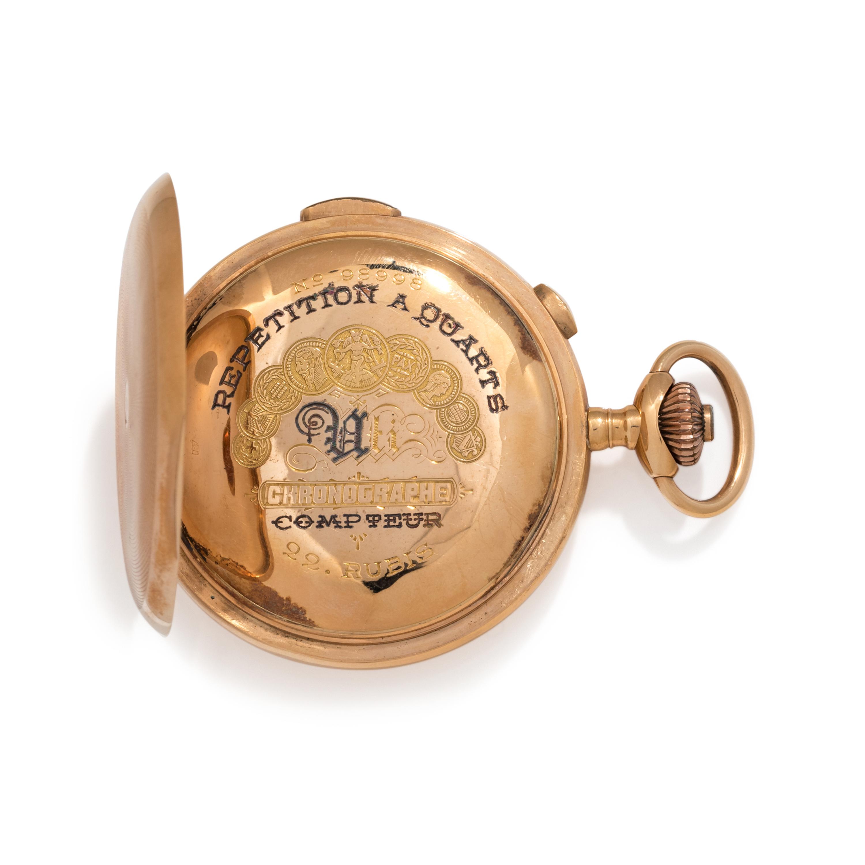 18K YELLOW GOLD CHRONOGRAPH QUARTER REPEATER HUNTER CASE POCKET WATCH