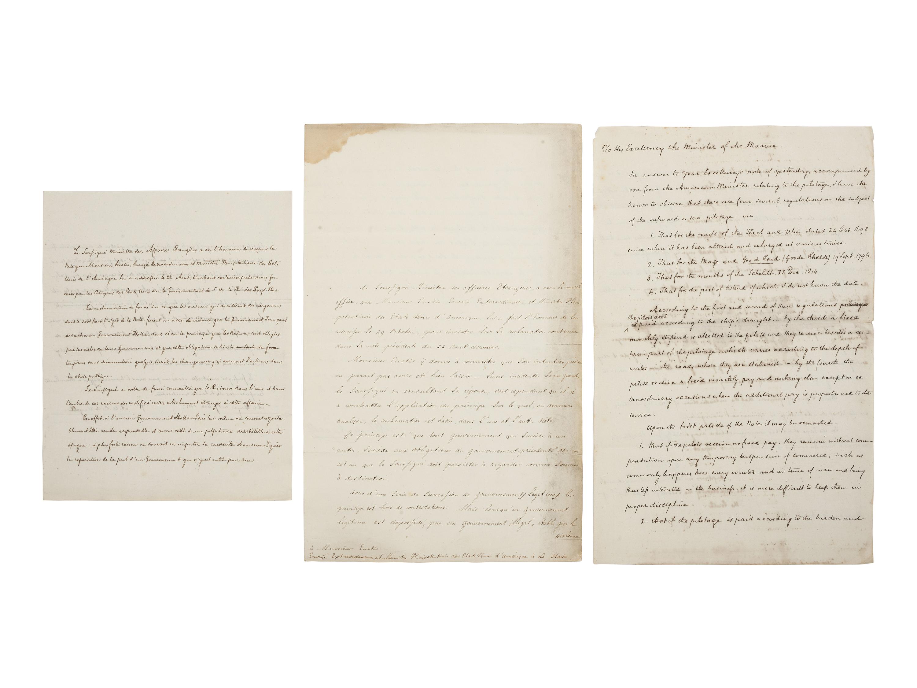 [PRIVATEERS]. A group of 4 documents signed relating to American shipping losses and privateering and American.