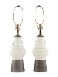 A Pair of Chinese White and Crackled Glazed Molded Porcelain Vases 白釉雙耳瓶一對