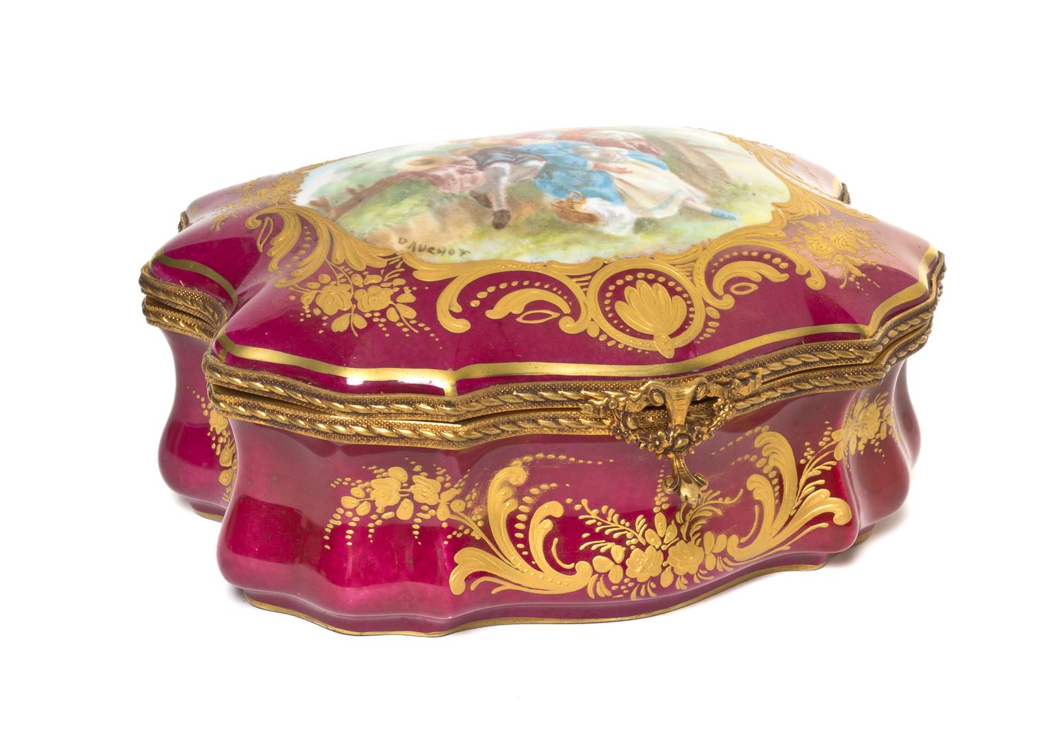 A Sevres Style Porcelain and Gilt Metal Mounted Table Casket, Width 7 3/4 inches.