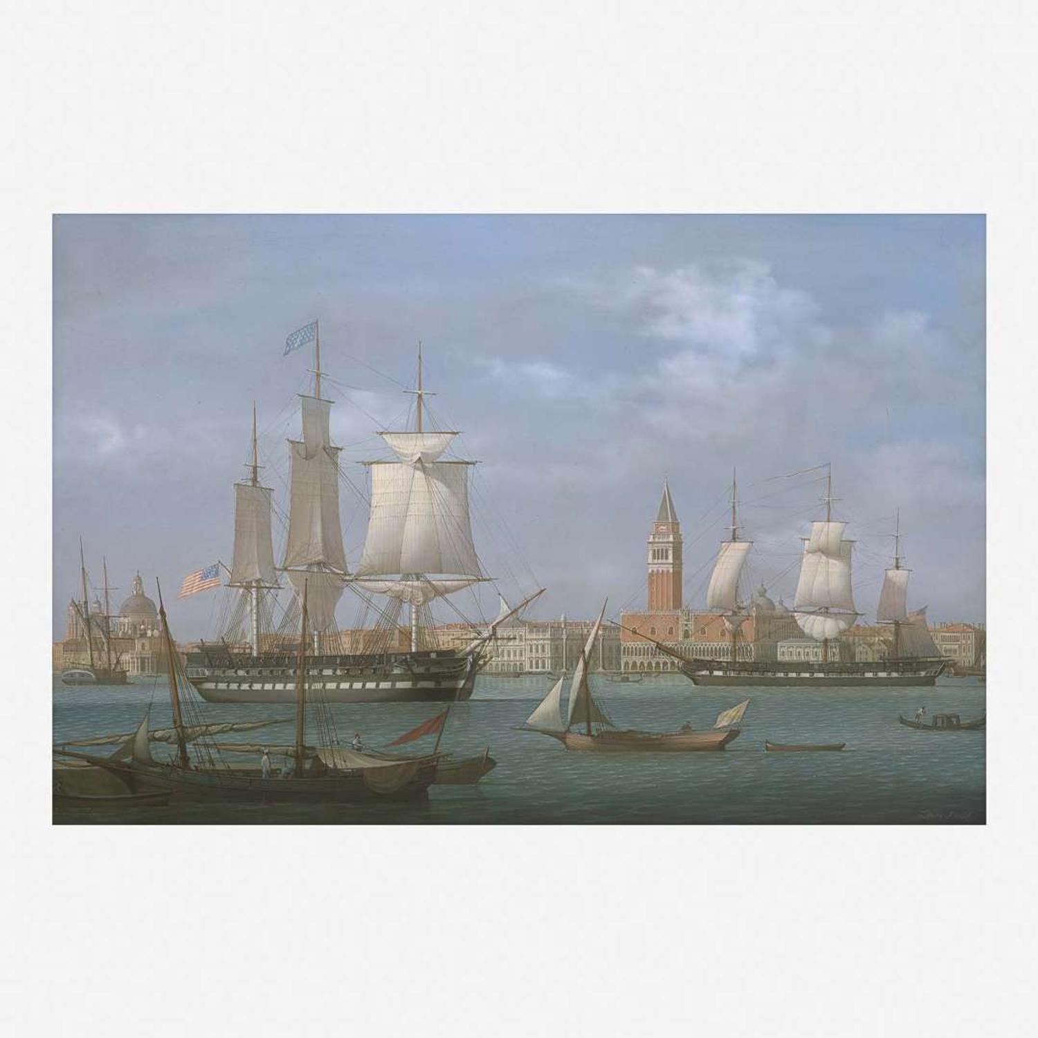 Louis Dodd (British, 1943–2006) The American 71 Gun Ship Columbus Flagship to Commodore William Bainbridge of the Mediterranean Squadron Coming to Anchor in the Bacino di San Marco, Venice