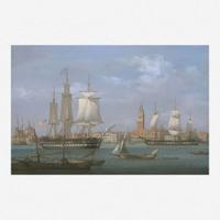 Louis Dodd (British, 1943–2006) The American 71 Gun Ship Columbus Flagship to Commodore William Bainbridge of the Mediterranean Squadron Coming to Anchor in the Bacino di San Marco, Venice
