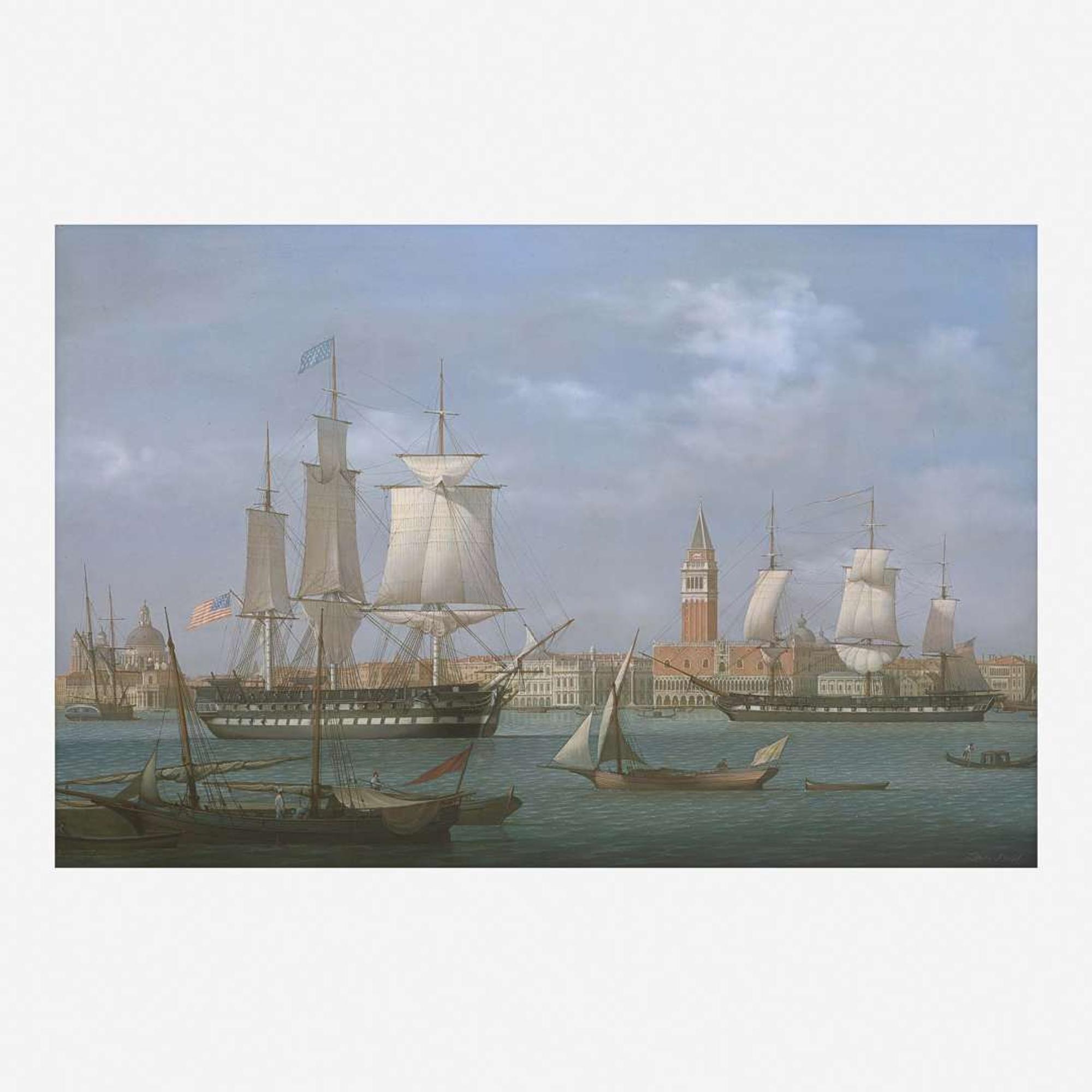 Louis Dodd (British, 1943–2006) The American 71 Gun Ship Columbus Flagship to Commodore William Bainbridge of the Mediterranean Squadron Coming to Anchor in the Bacino di San Marco, Venice