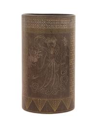 A Chinese Silver Inlaid Iron Brushpot, Bitong 19TH/20TH CENTURY Height 5 1/4 x diameter 3 inches. — 19TH/20TH CENTURY