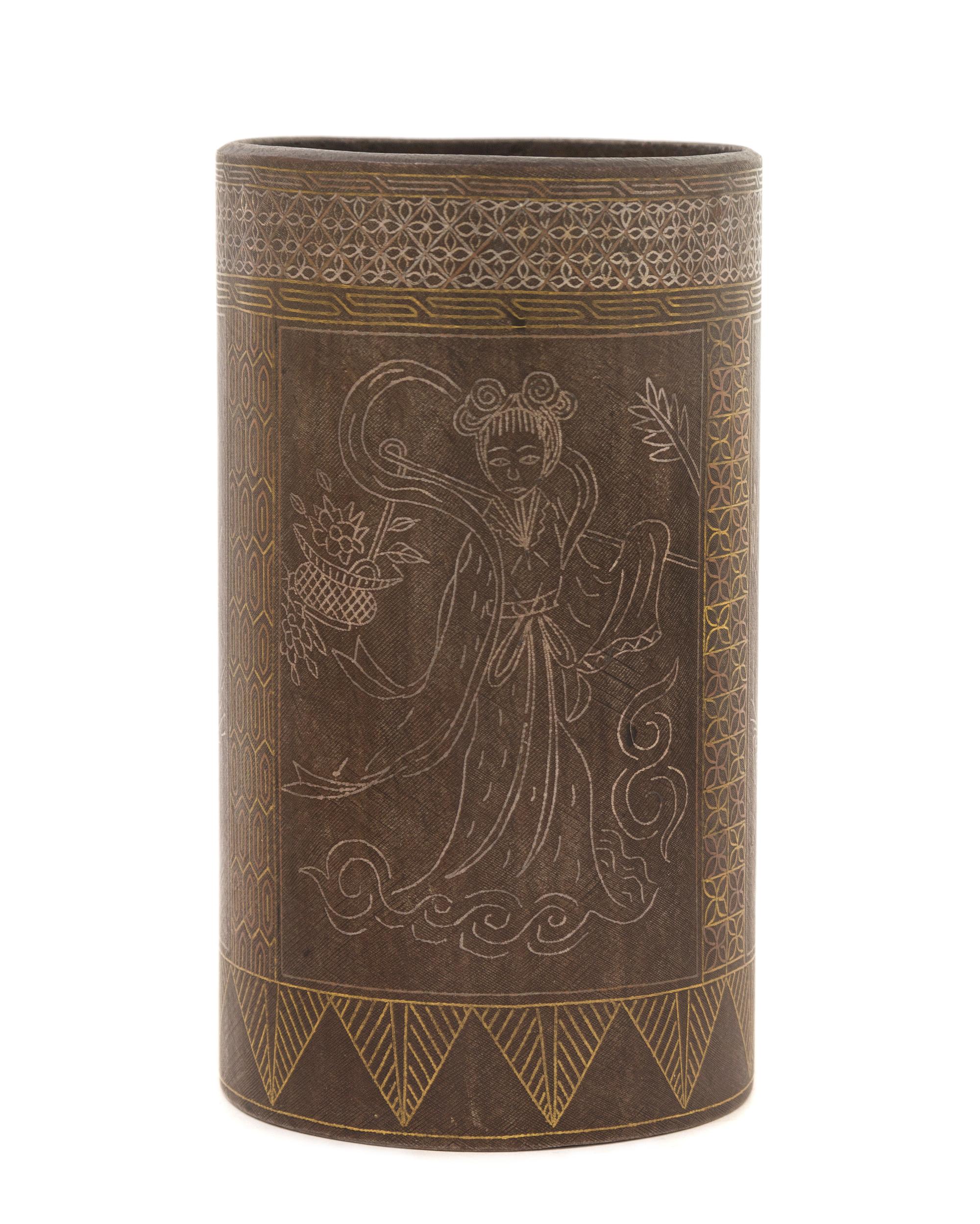 A Chinese Silver Inlaid Iron Brushpot, Bitong 19TH/20TH CENTURY Height 5 1/4 x diameter 3 inches. — 19TH/20TH CENTURY