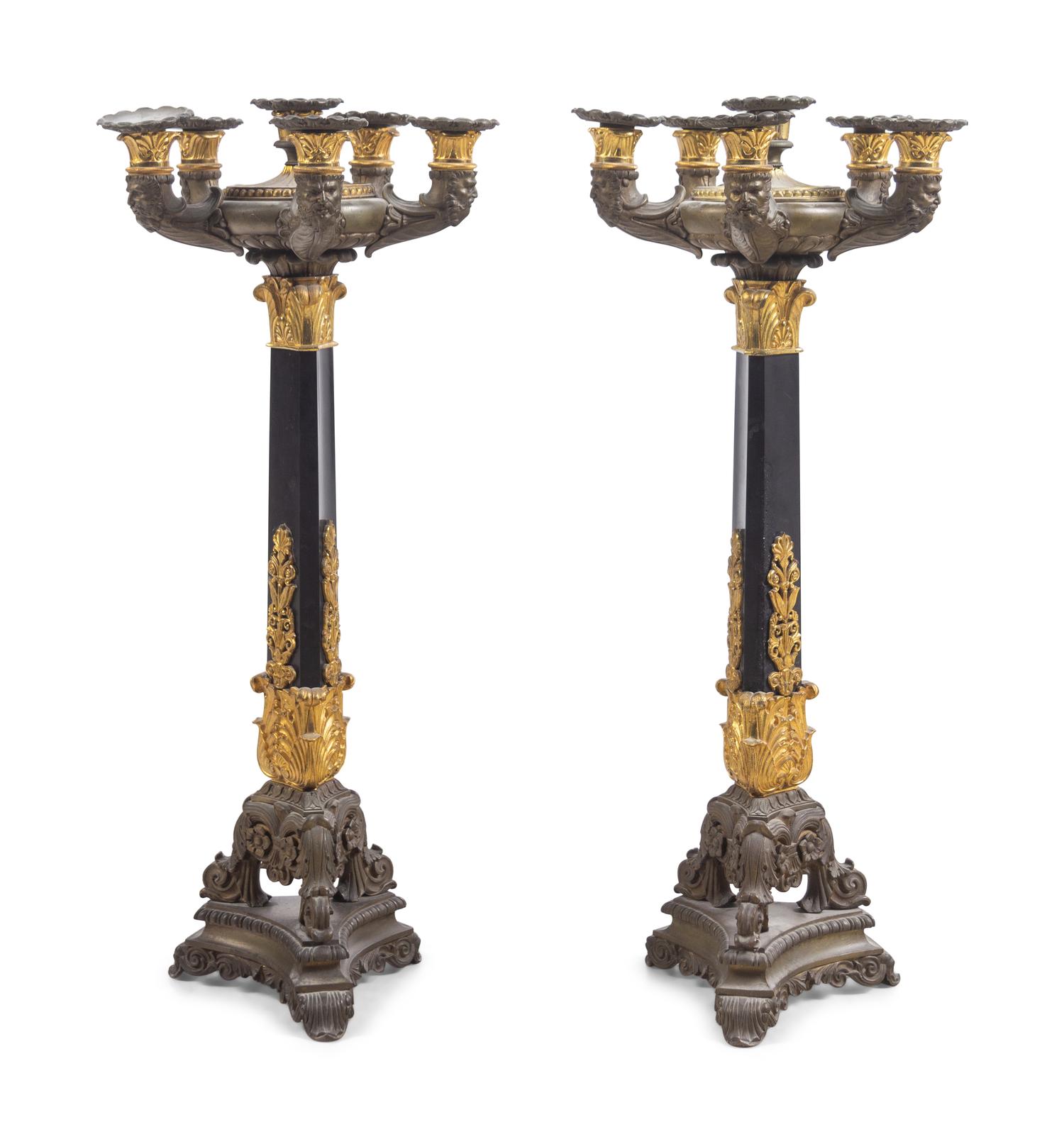 A Pair of Charles X Gilt and Patinated Bronze Six-Light Candelabra