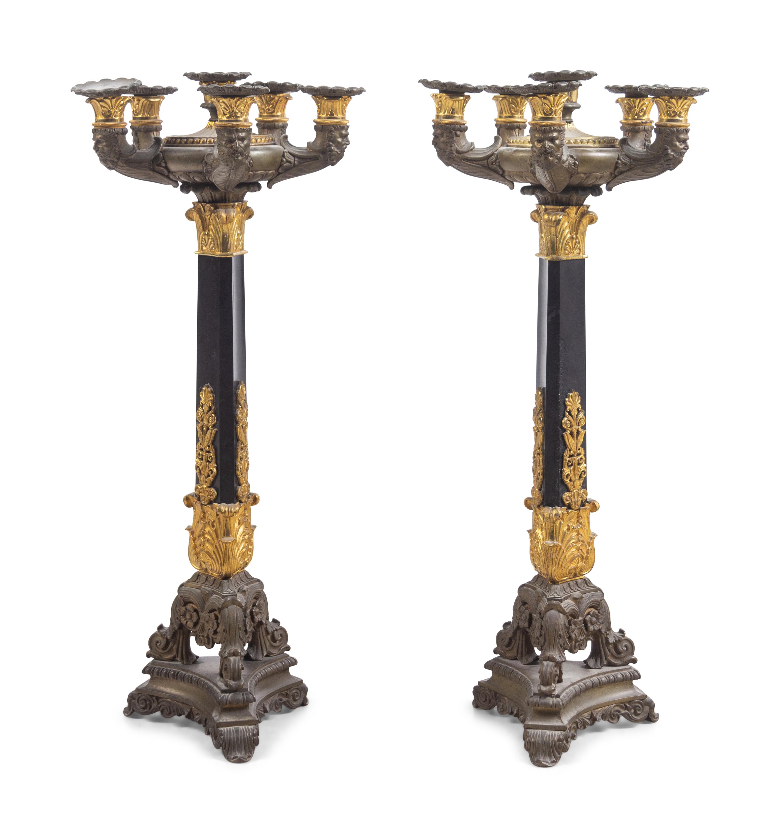 A Pair of Charles X Gilt and Patinated Bronze Six-Light Candelabra