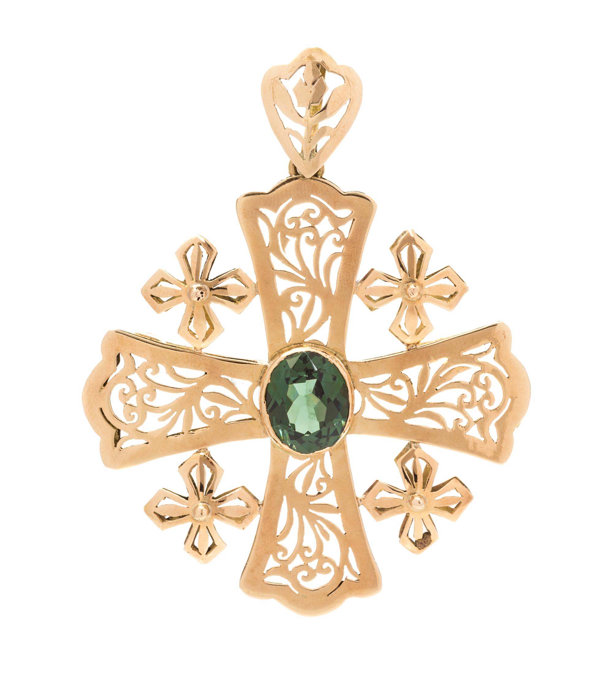 A 14 Karat Rose Gold and Synthetic Spinel Cross Pendant/Brooch, 8.00 dwts.