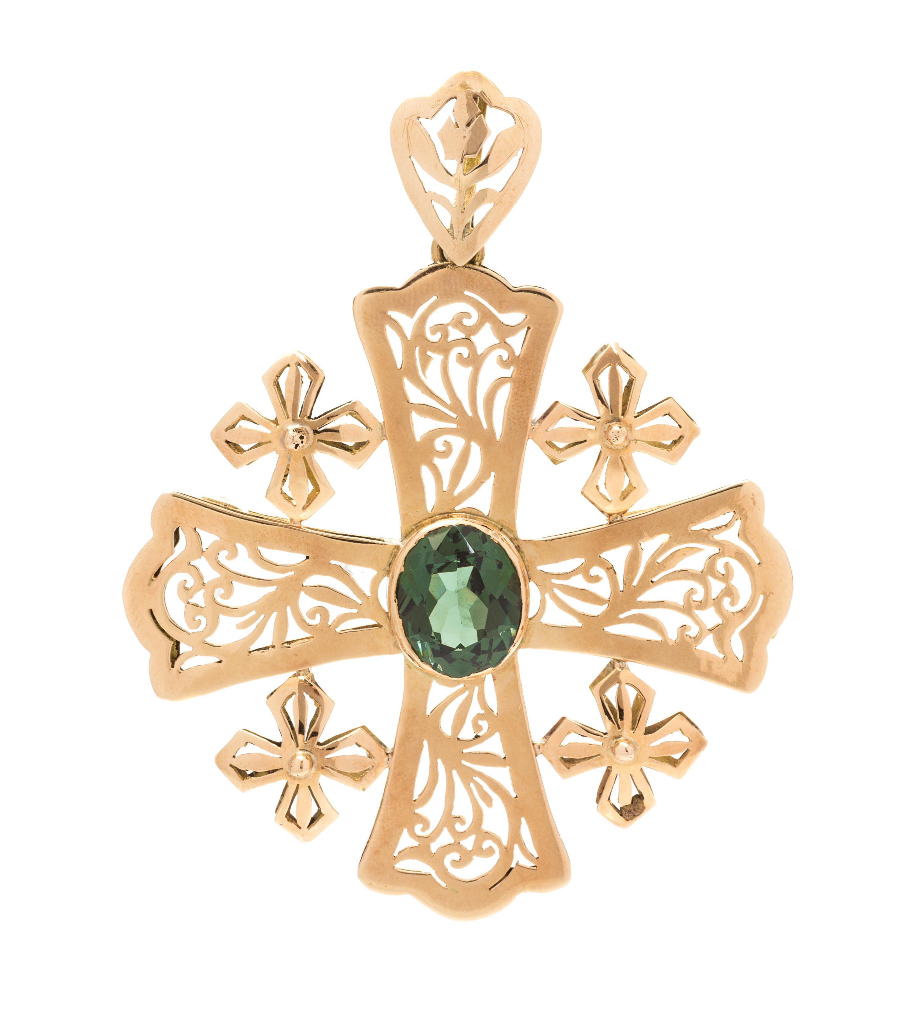 A 14 Karat Rose Gold and Synthetic Spinel Cross Pendant/Brooch, 8.00 dwts.