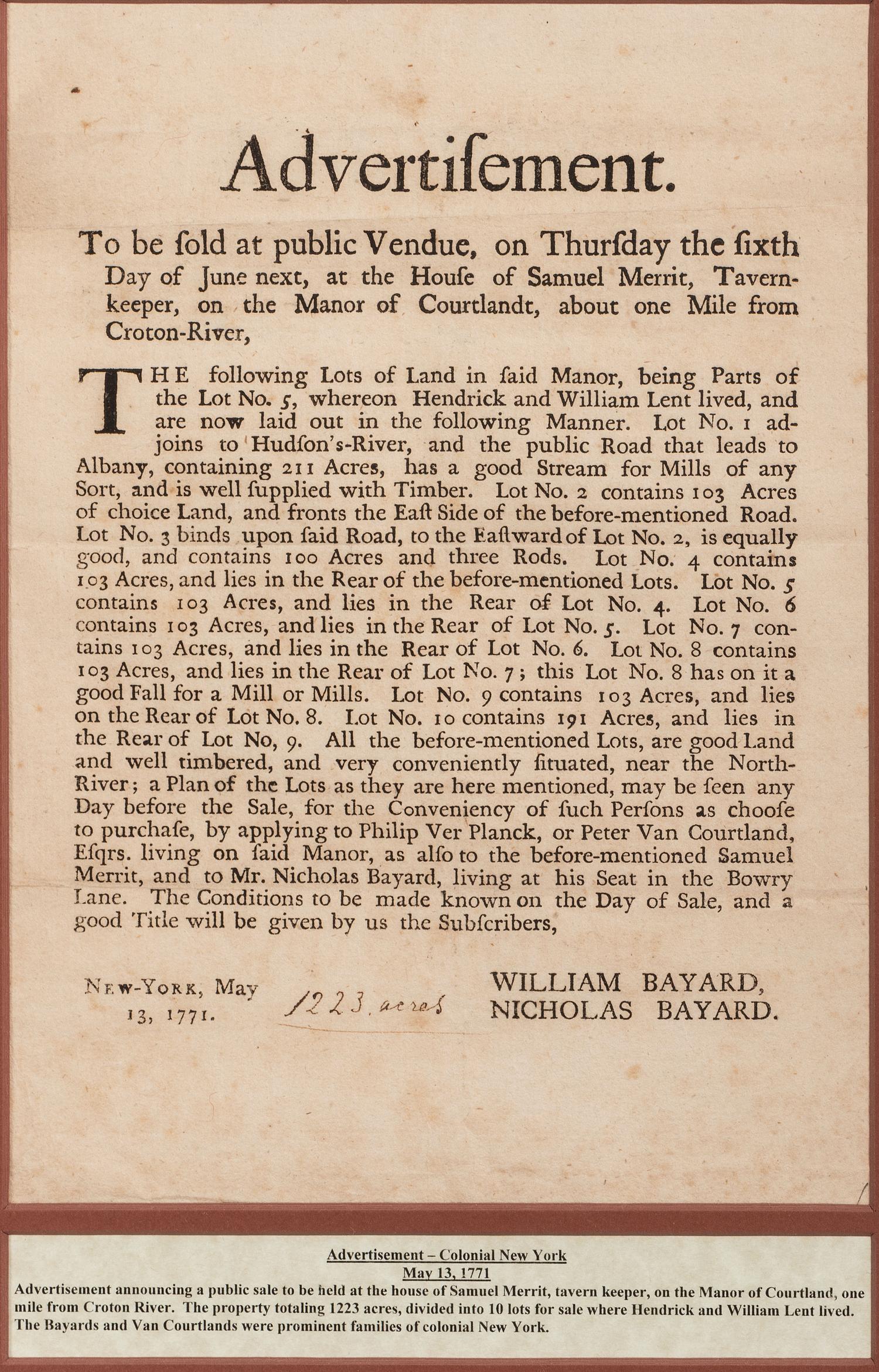 [NEW YORK]. Broadside advertising the sale of land "on the Manor of Cortlandt," 13 May 1771.