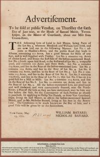 [NEW YORK]. Broadside advertising the sale of land "on the Manor of Cortlandt," 13 May 1771.