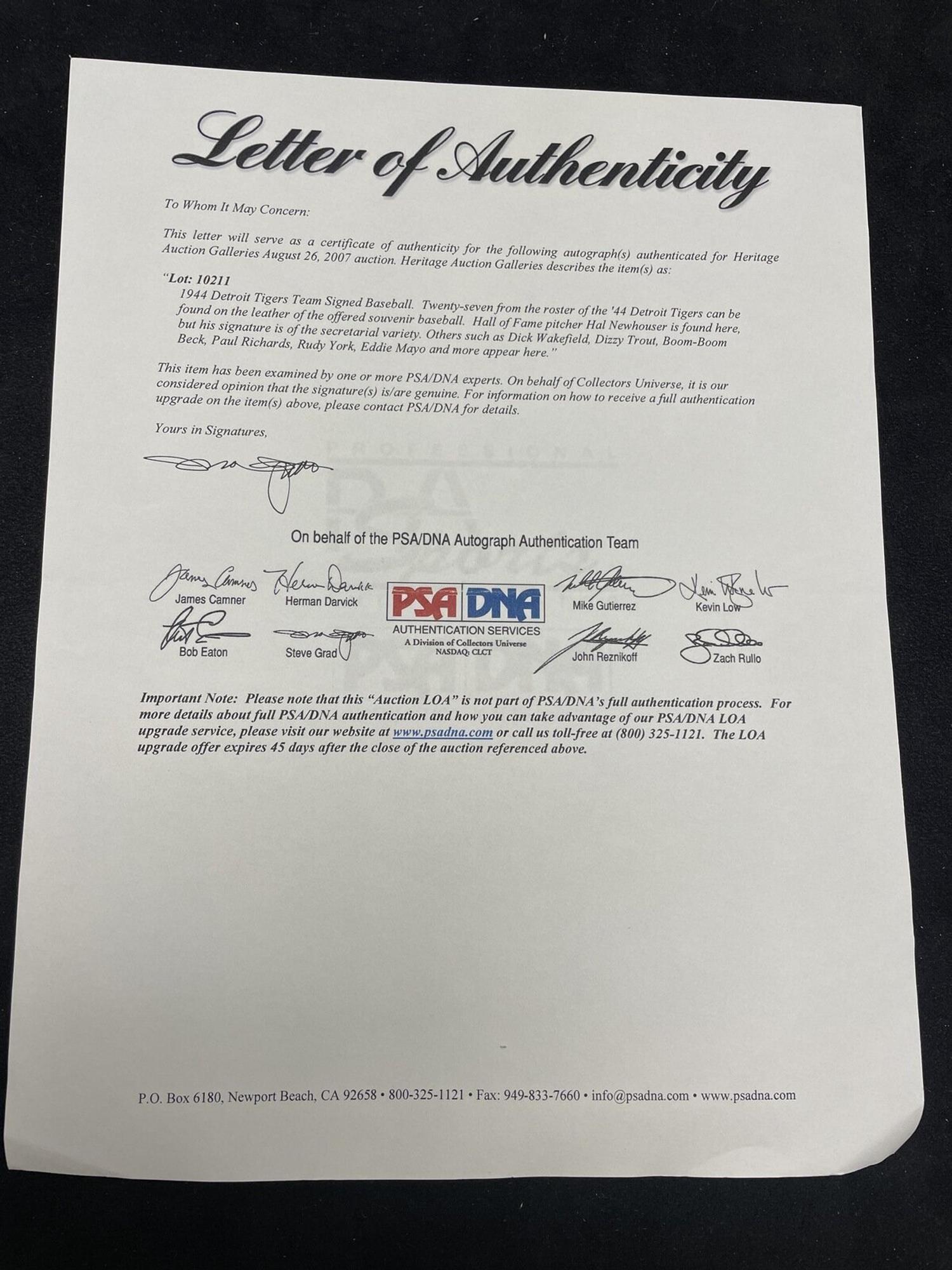 A 1944 Detroit Tigers Team Signed Autograph Baseball (PSA Auction Letter)