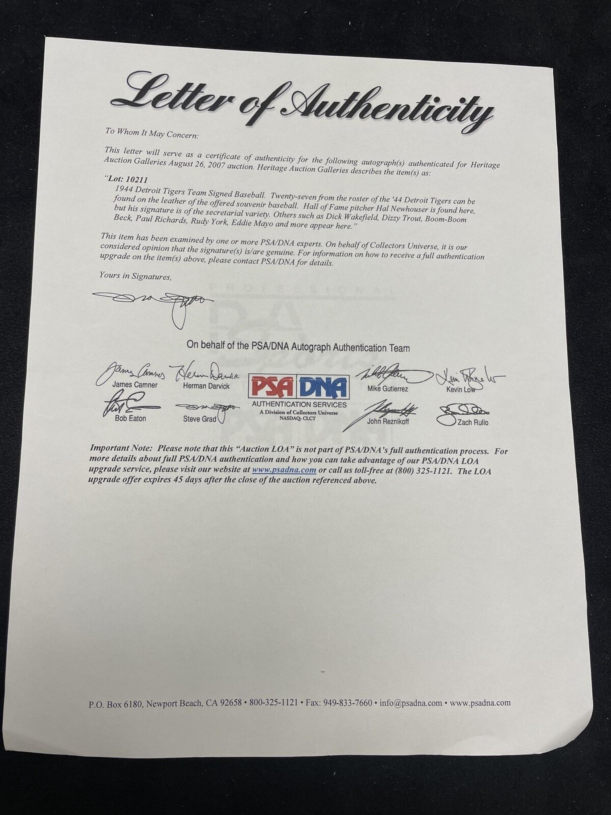 A 1944 Detroit Tigers Team Signed Autograph Baseball (PSA Auction Letter)