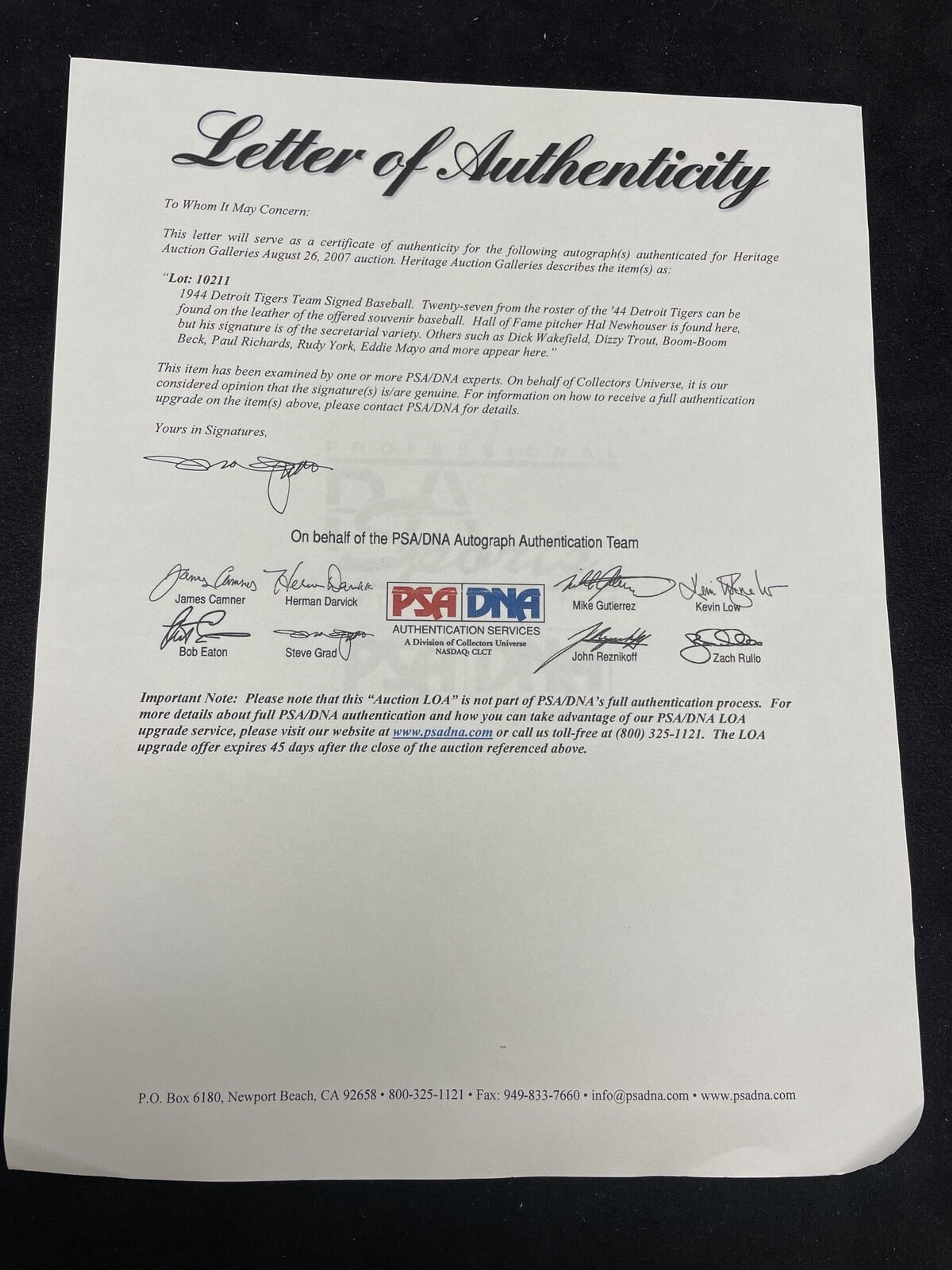 A 1944 Detroit Tigers Team Signed Autograph Baseball (PSA Auction Letter)