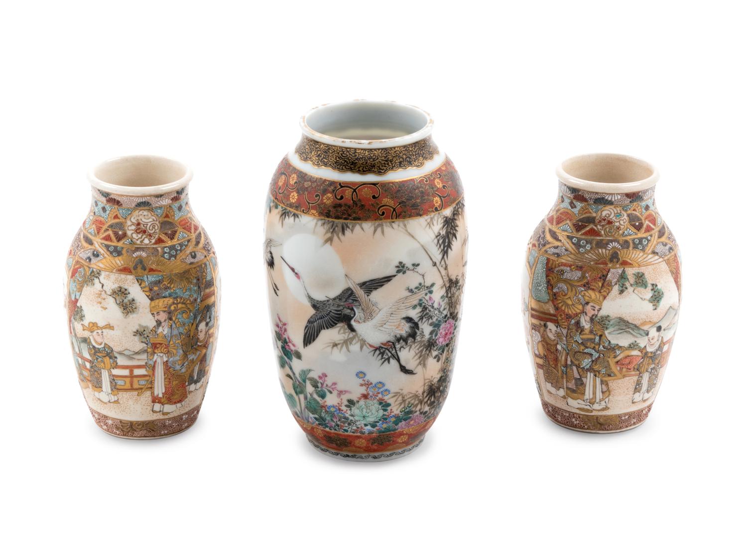 Three Japanese Enamel Decorated Satsuma Porcelain Vases