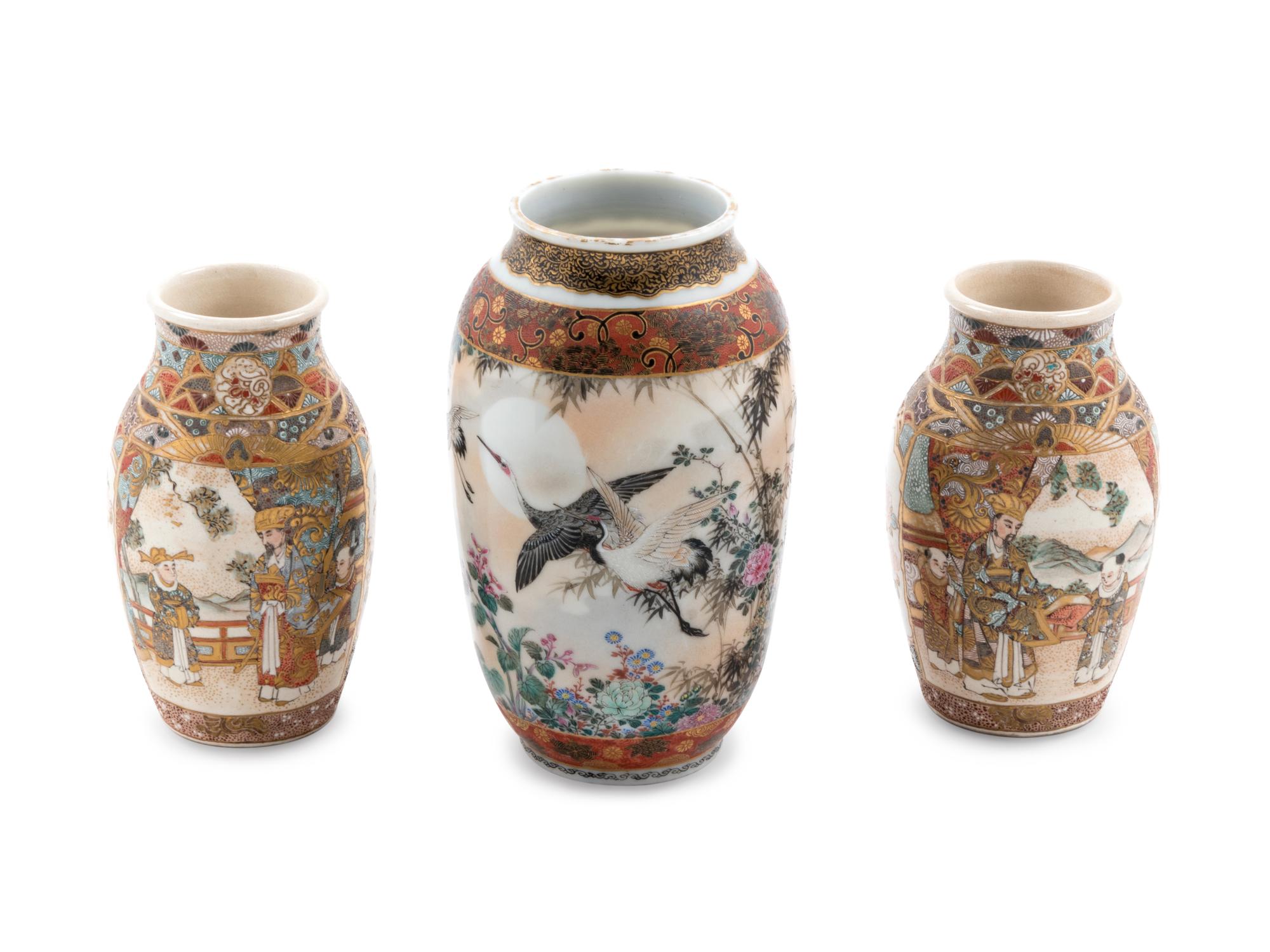 Three Japanese Enamel Decorated Satsuma Porcelain Vases