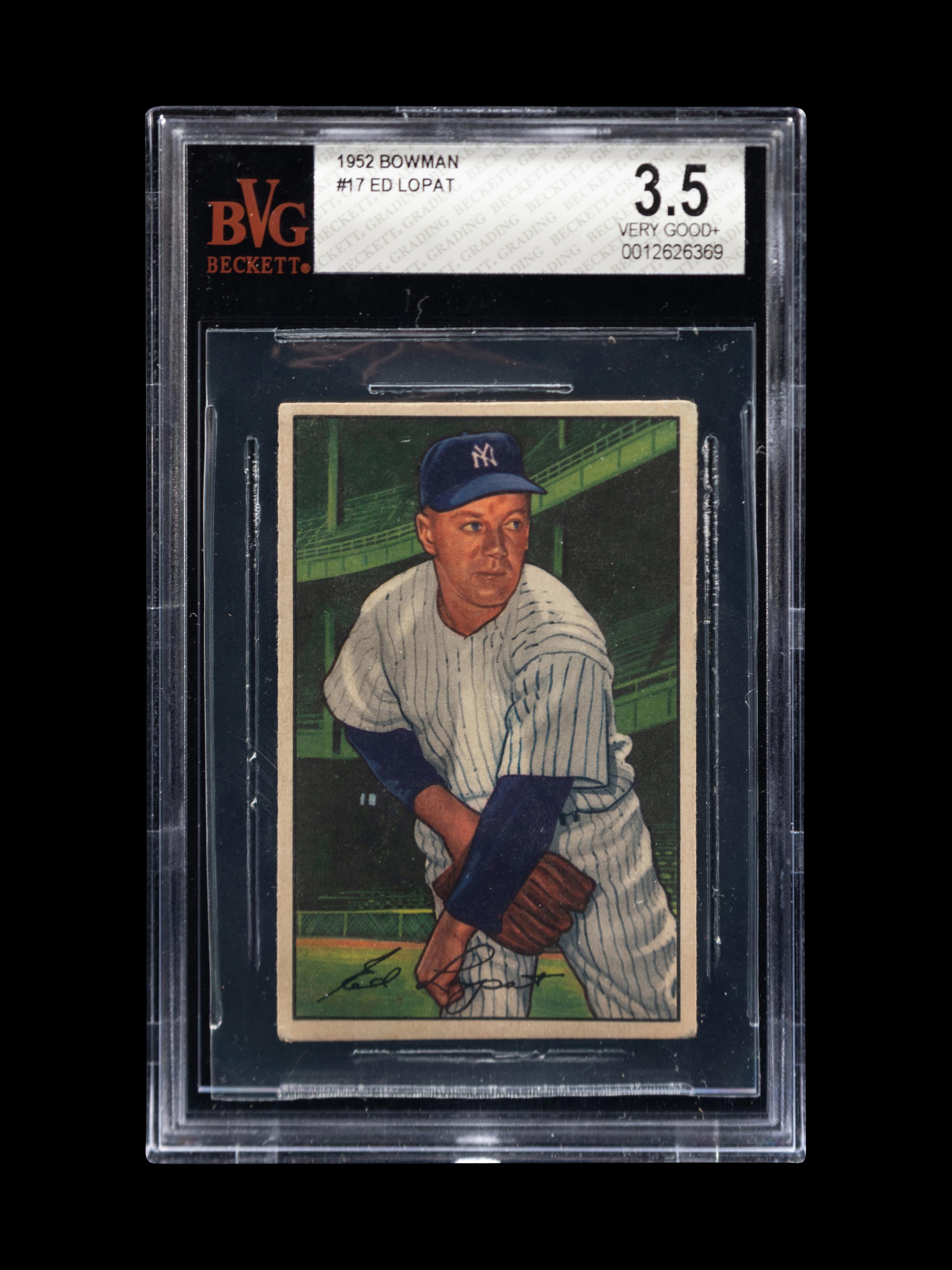 A Group of Four 1950s Bowman Baseball Cards Including a Monte Irvin Rookie Card (PSA 4.5) and Autographed Phil Rizutto,