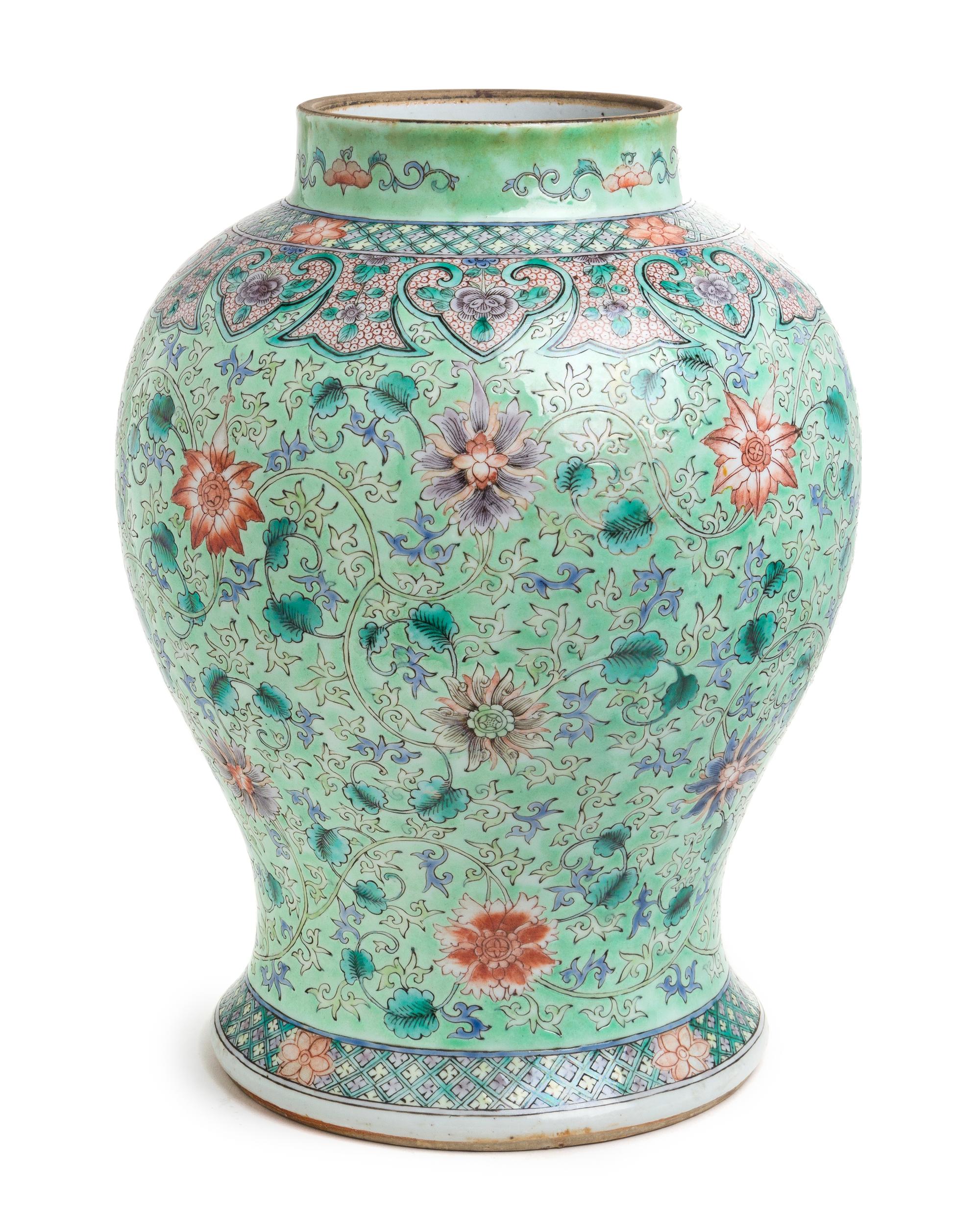 A Large Famille Rose Porcelain Baluster Jar Height 13 3/4 inches. — 18TH/19TH CENTURY