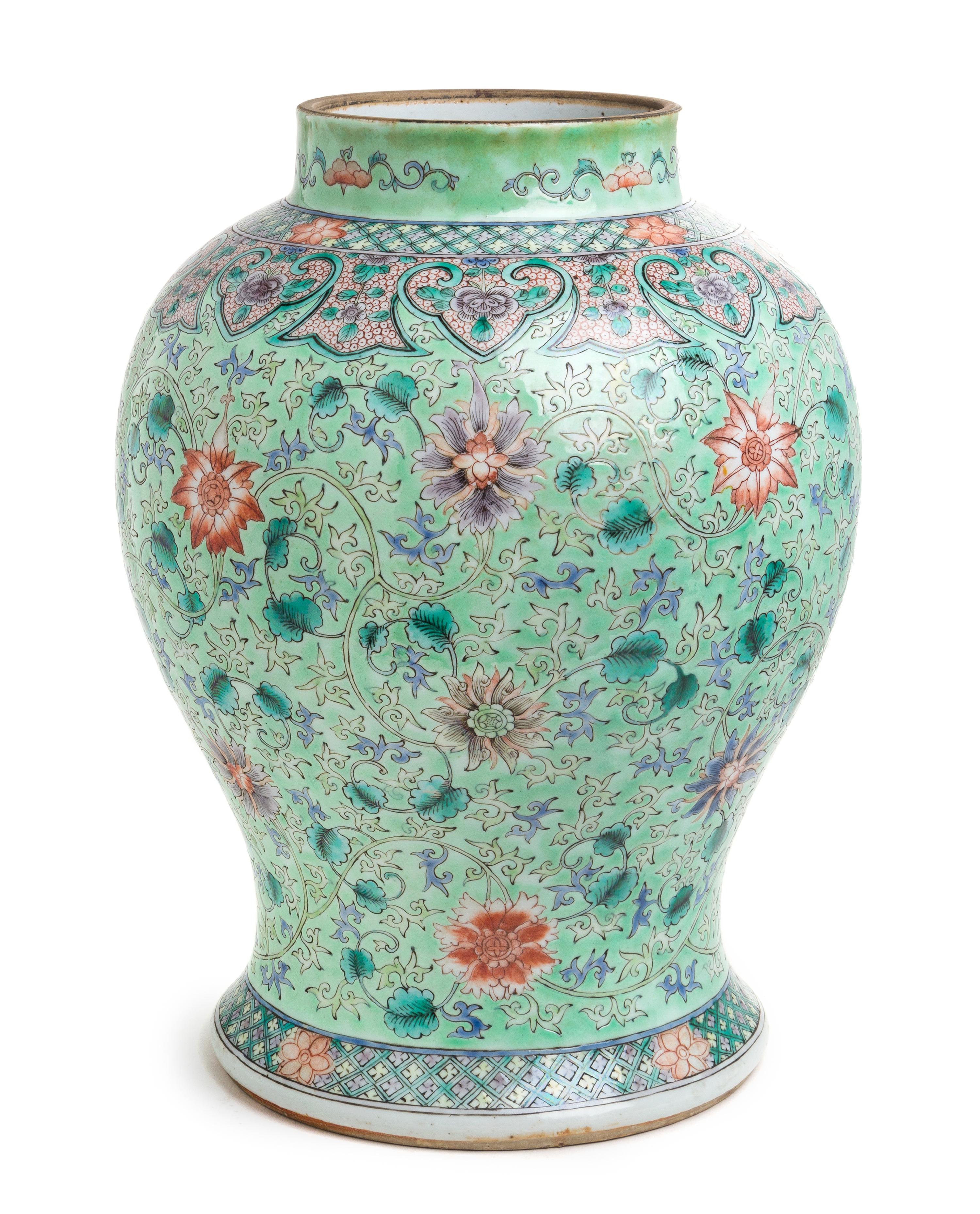 A Large Famille Rose Porcelain Baluster Jar Height 13 3/4 inches. — 18TH/19TH CENTURY