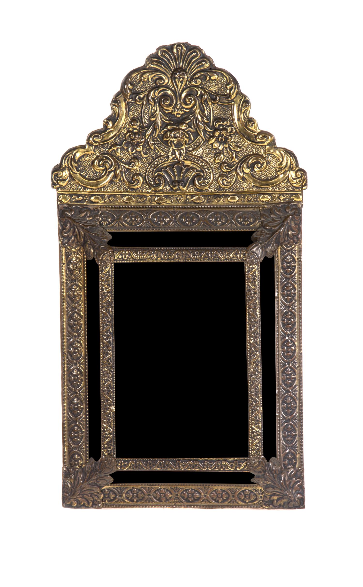 A Dutch Brass Wall Mirror, Height 24 x width 12 3/4 inches.