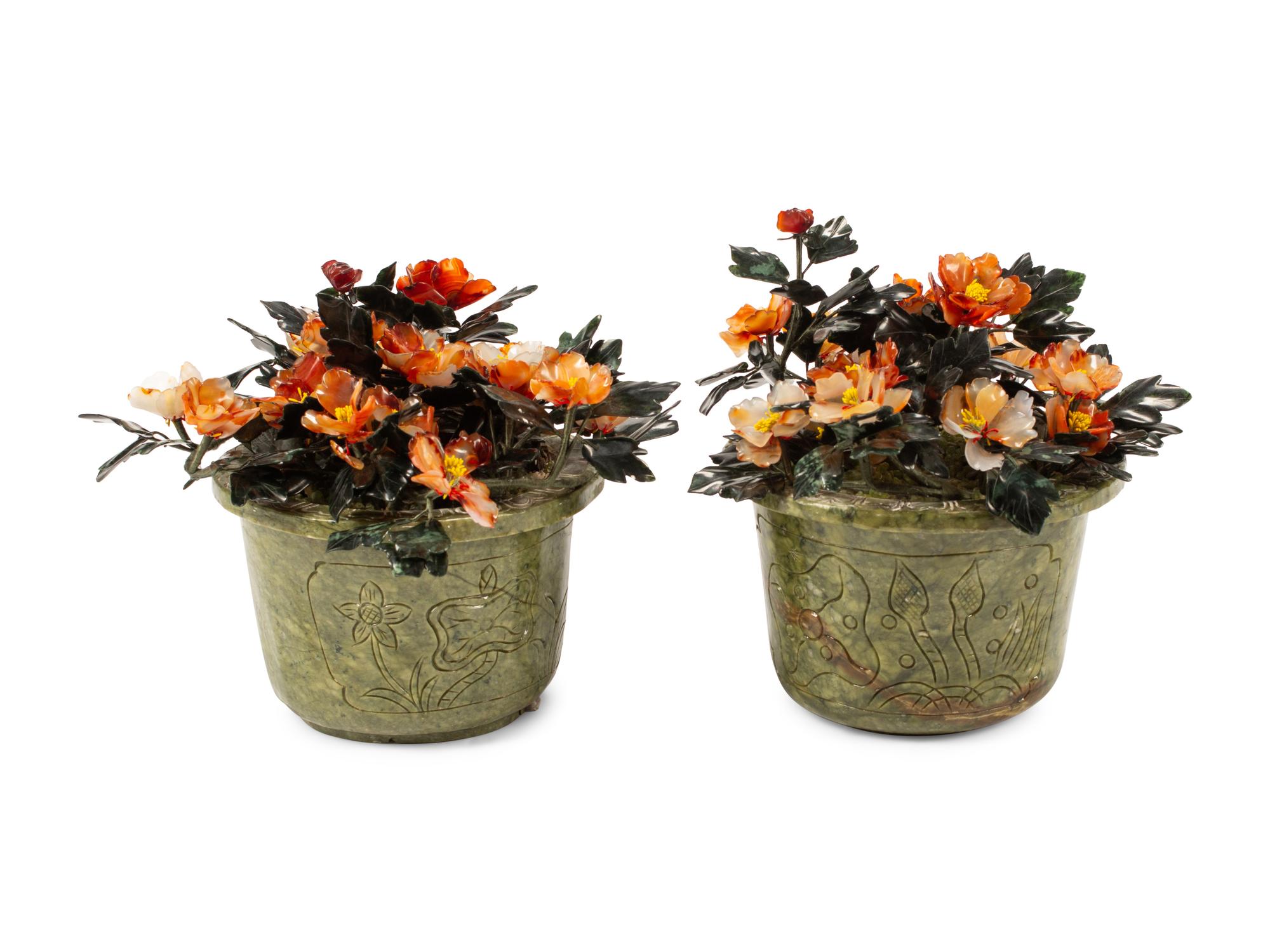 A Pair of Large Chinese Hardstone Models of Flowering Plants in Hardstone Bases