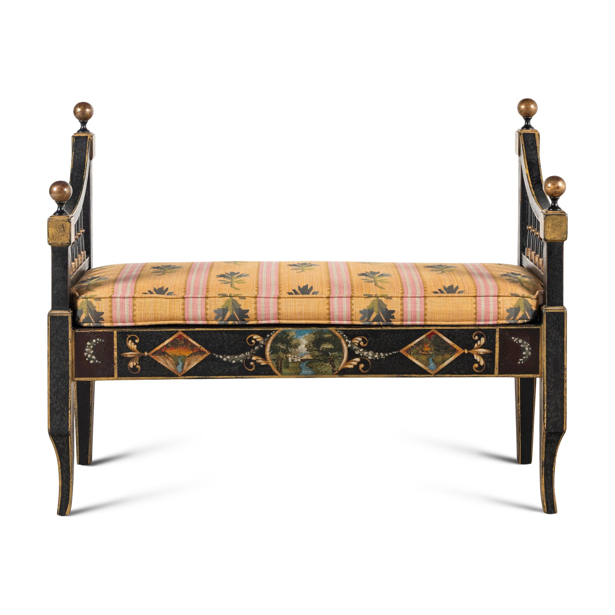 A Black and Polychrome-Painted Window Bench