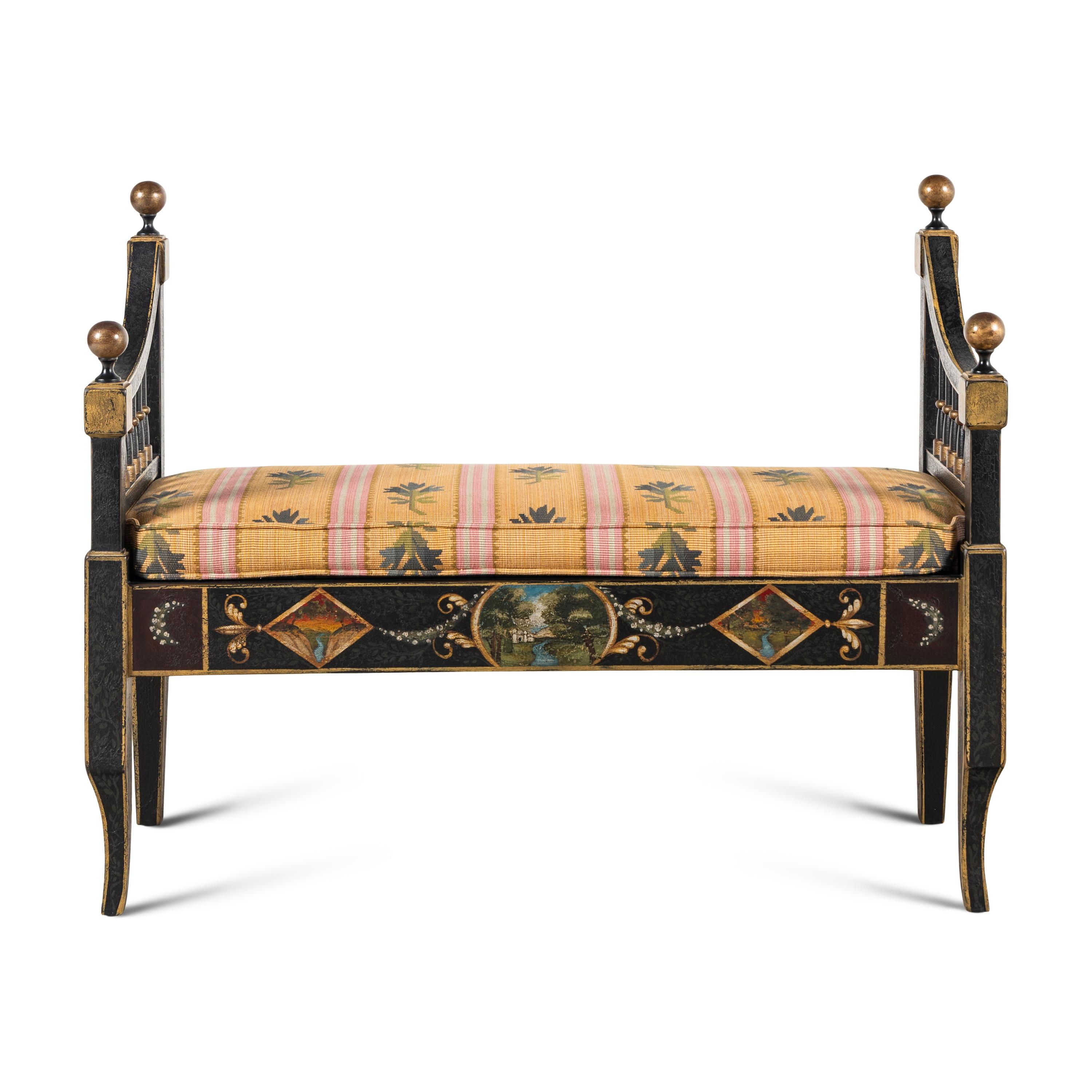 A Black and Polychrome-Painted Window Bench
