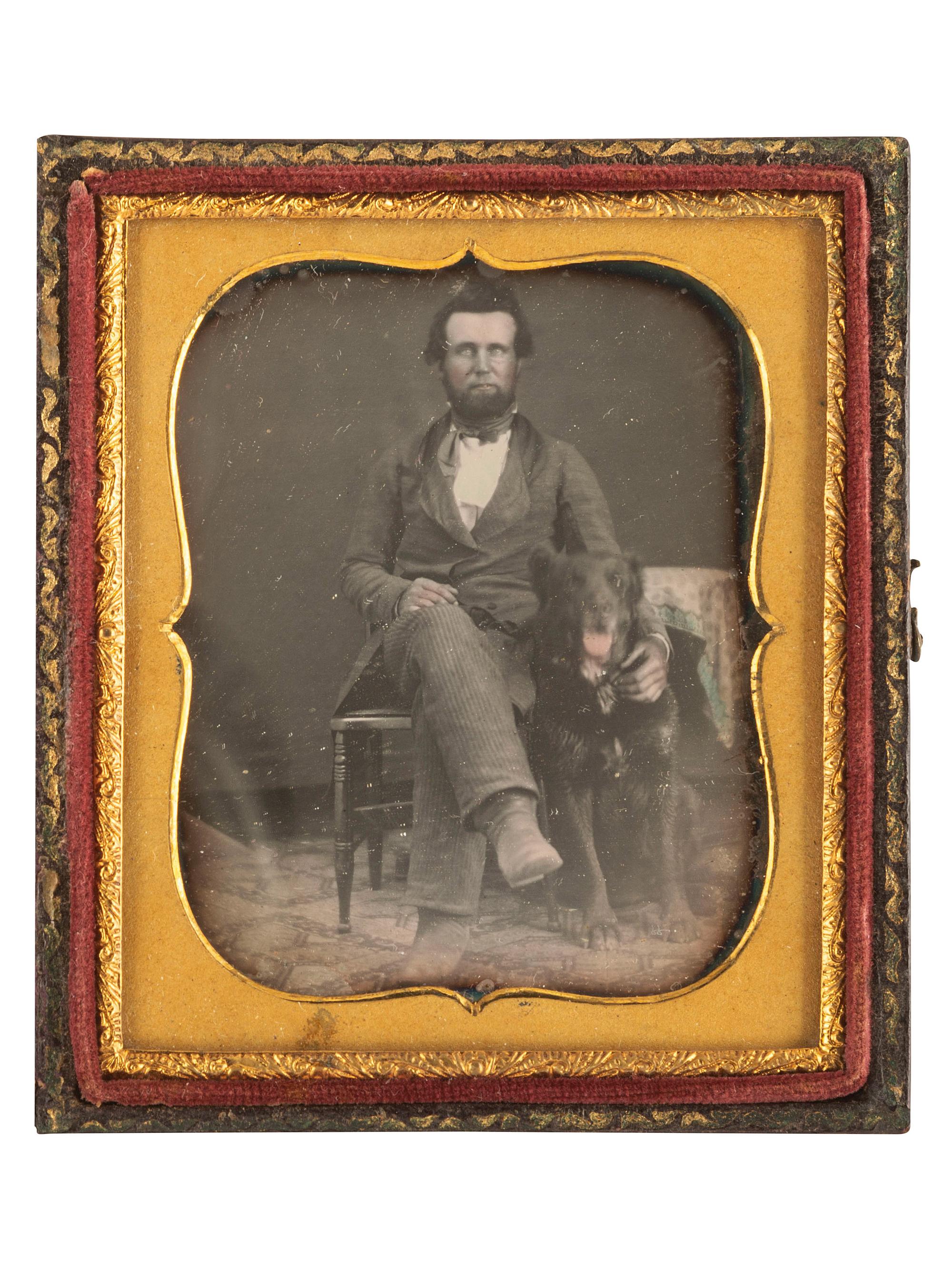 [EARLY PHOTOGRAPHY]. A group of 3 cased images of people posed with dogs, highlighted by sixth plate daguerreotype of a man with his dog "Jack."