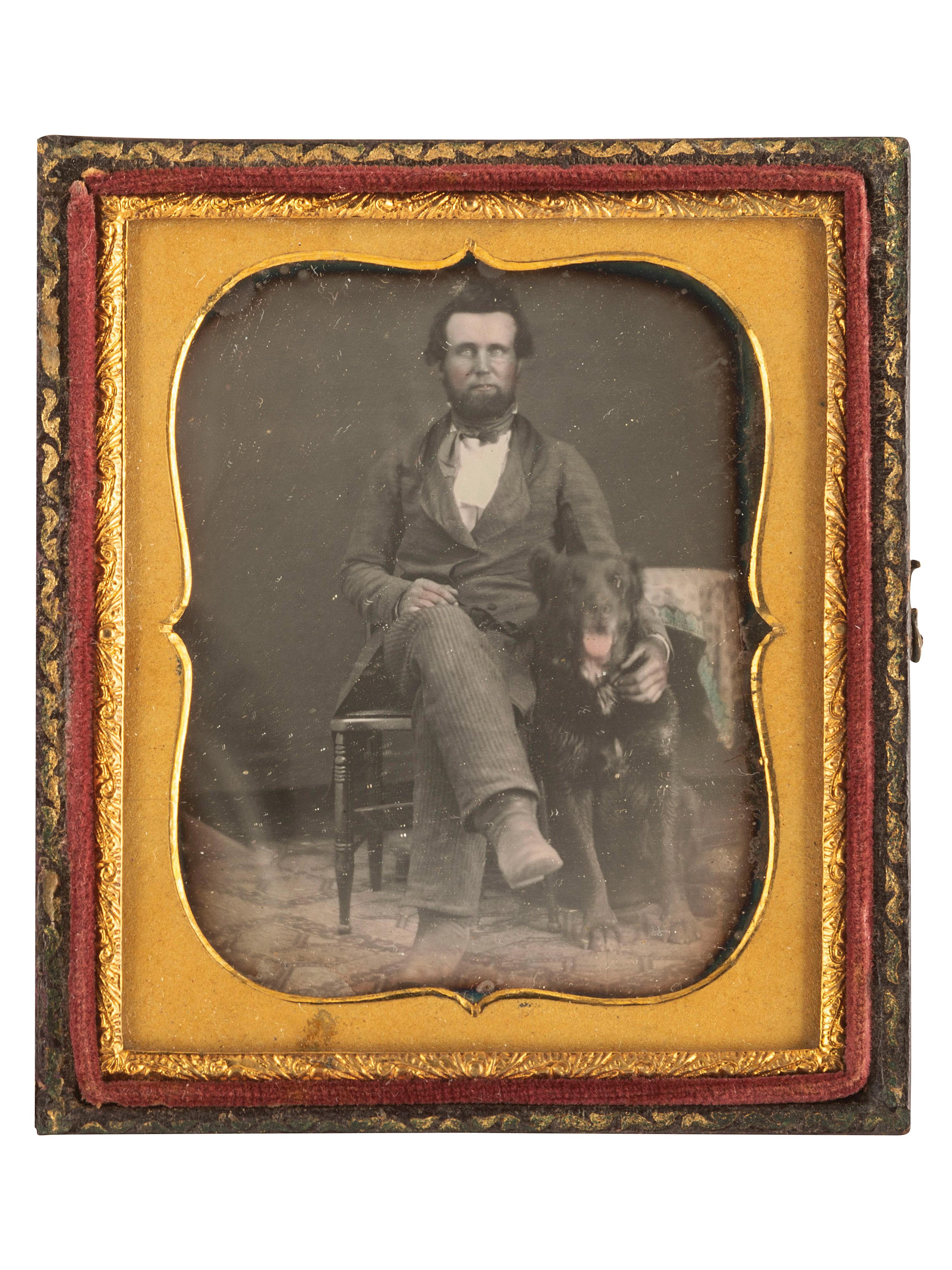 [EARLY PHOTOGRAPHY]. A group of 3 cased images of people posed with dogs, highlighted by sixth plate daguerreotype of a man with his dog "Jack."