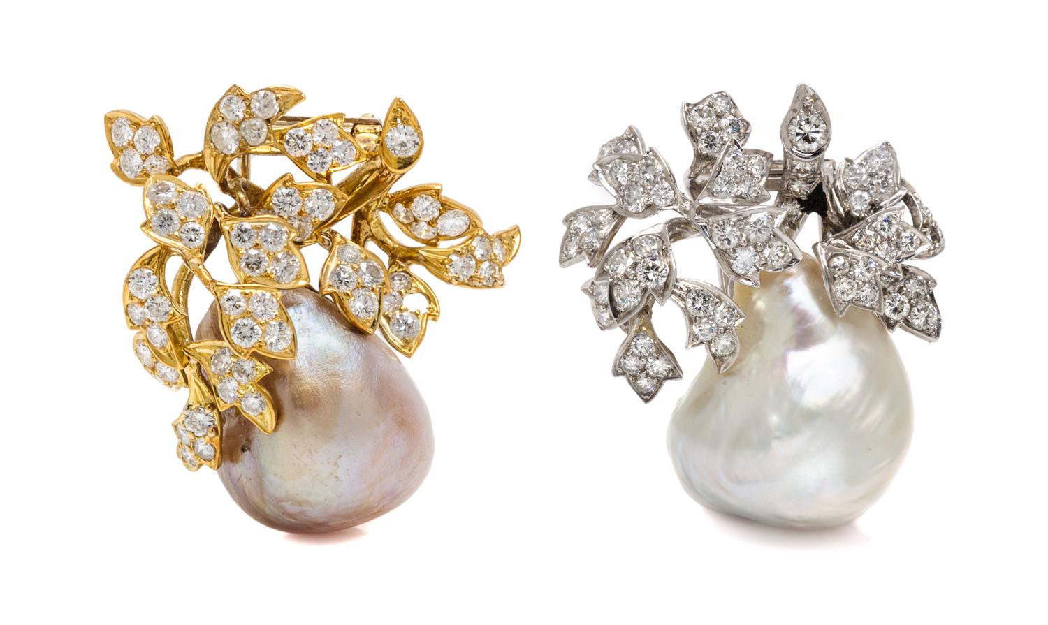 A Pair of Gold, Diamond, and Baroque Pearl Clip Brooches, 30.70 dwts.
