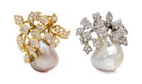 A Pair of Gold, Diamond, and Baroque Pearl Clip Brooches, 30.70 dwts.