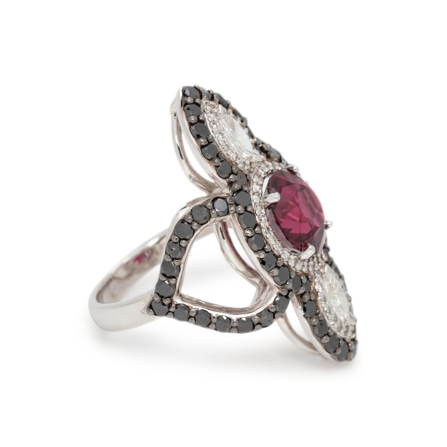GARNET, DIAMOND AND BLACK DIAMOND RING