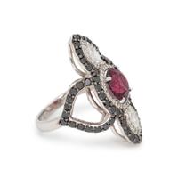 GARNET, DIAMOND AND BLACK DIAMOND RING
