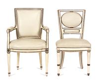 A Set of Six Directoire Style Painted and Parcel Gilt Dining Chairs Height 37 inches. — 20TH CENTURY