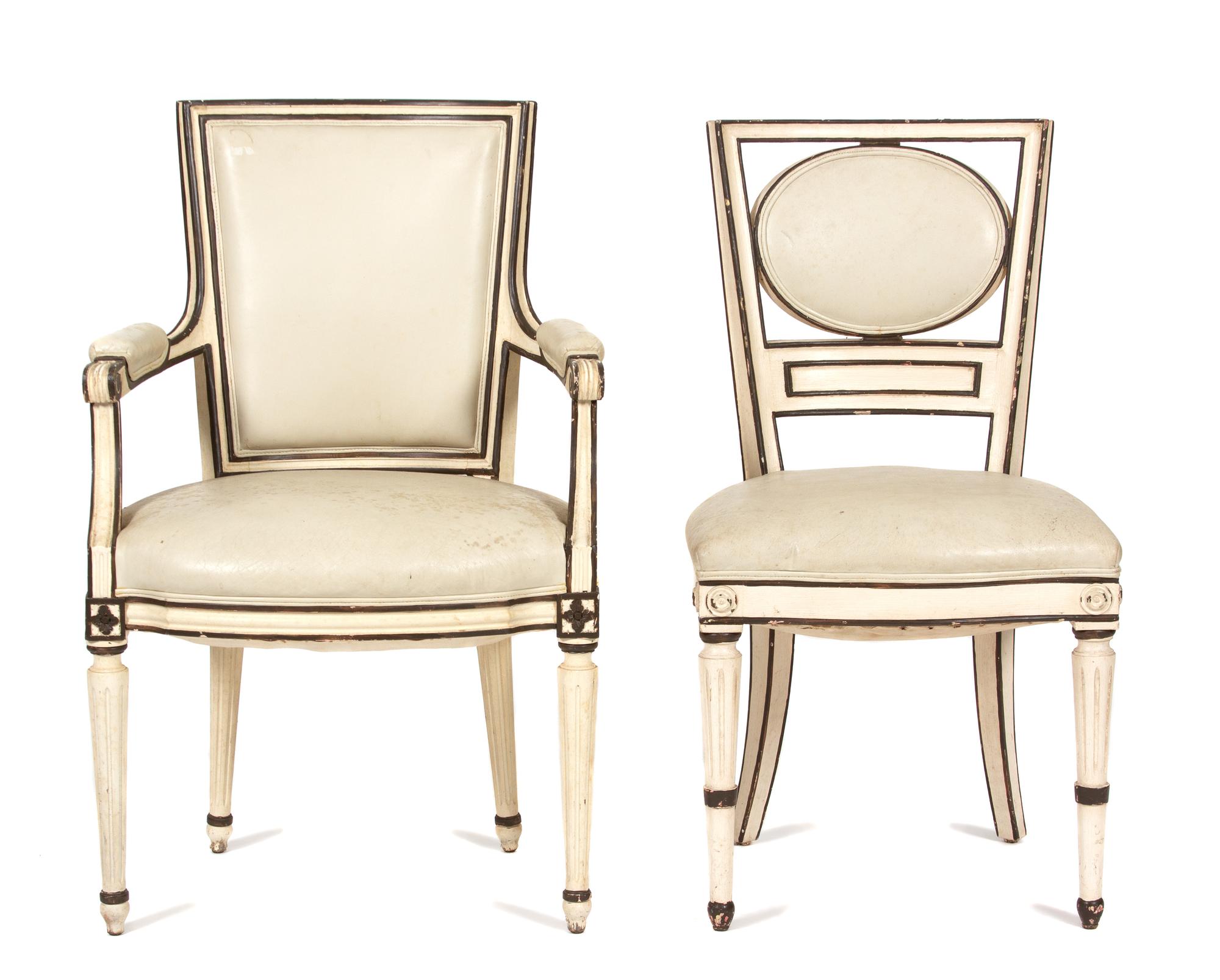 A Set of Six Directoire Style Painted and Parcel Gilt Dining Chairs Height 37 inches. — 20TH CENTURY