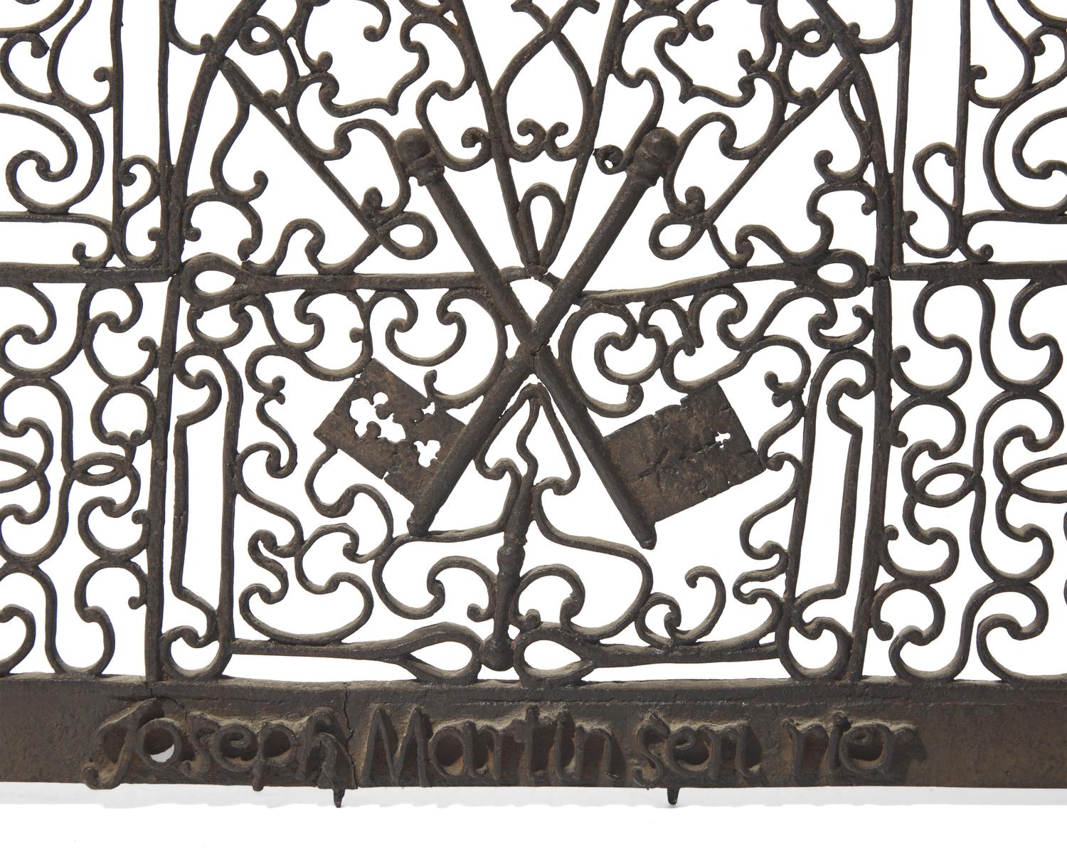 A Wrought Iron Door Grill and Scrolled Wrought Iron Architectural Element, French, 18th Century