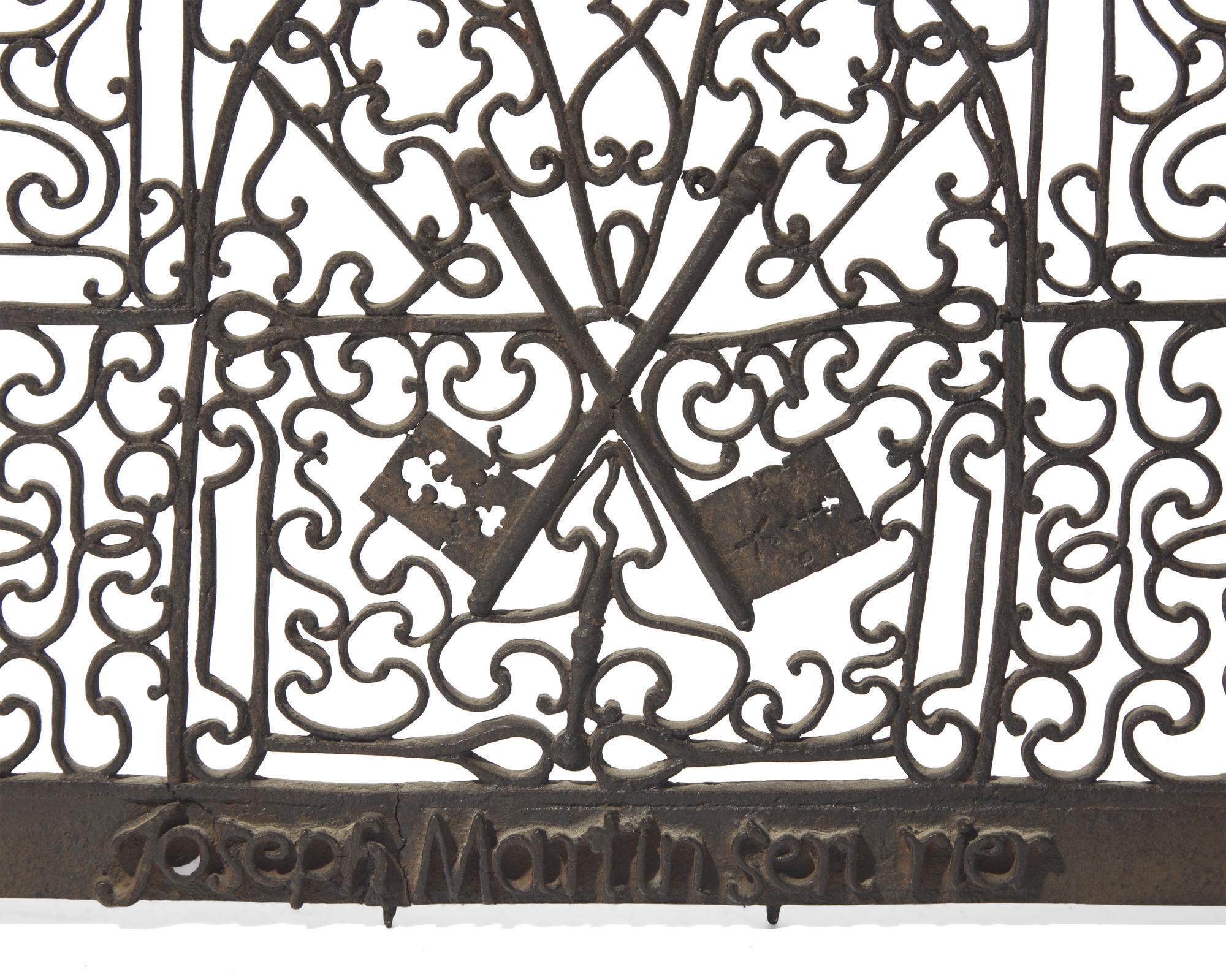 A Wrought Iron Door Grill and Scrolled Wrought Iron Architectural Element, French, 18th Century