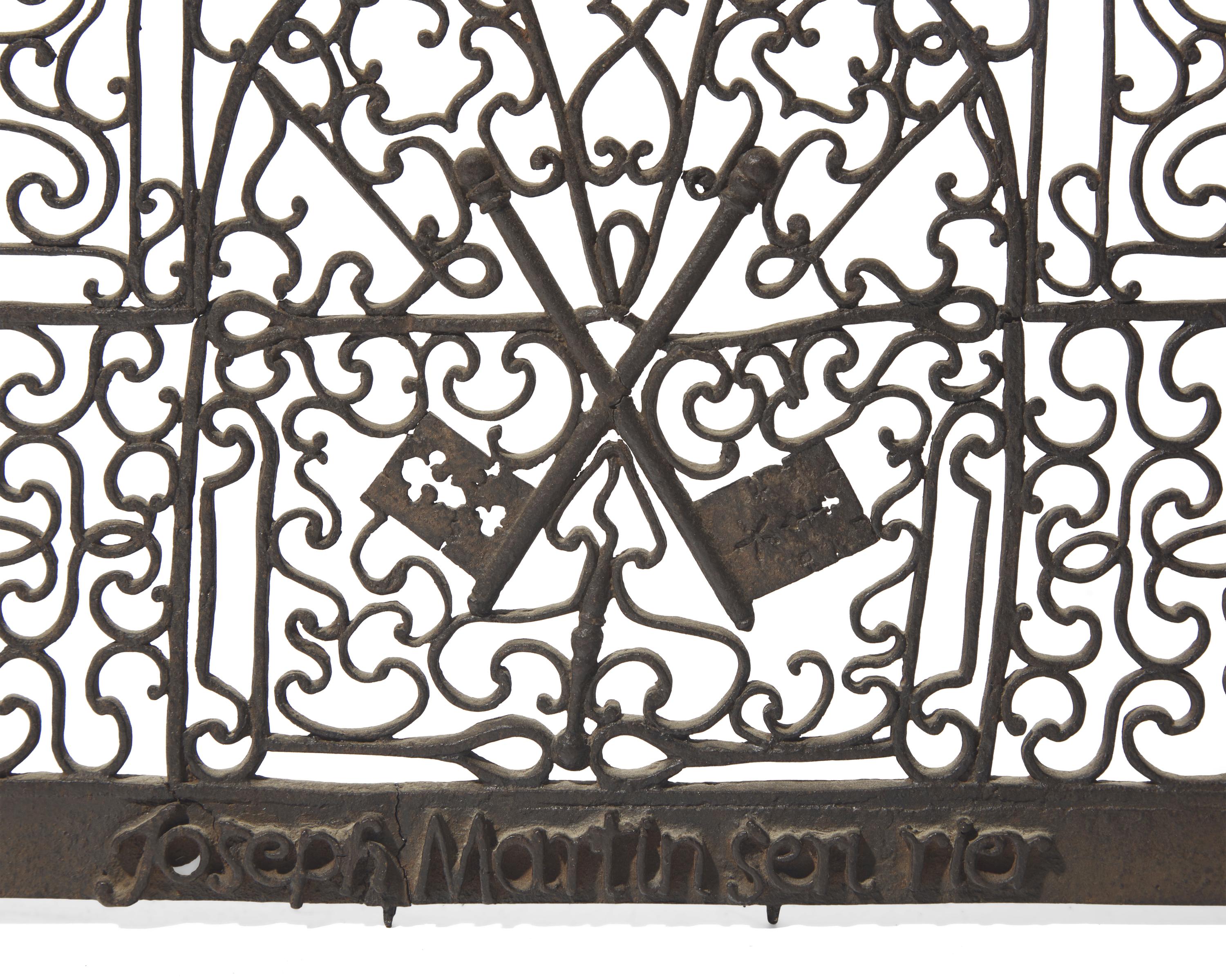 A Wrought Iron Door Grill and Scrolled Wrought Iron Architectural Element, French, 18th Century