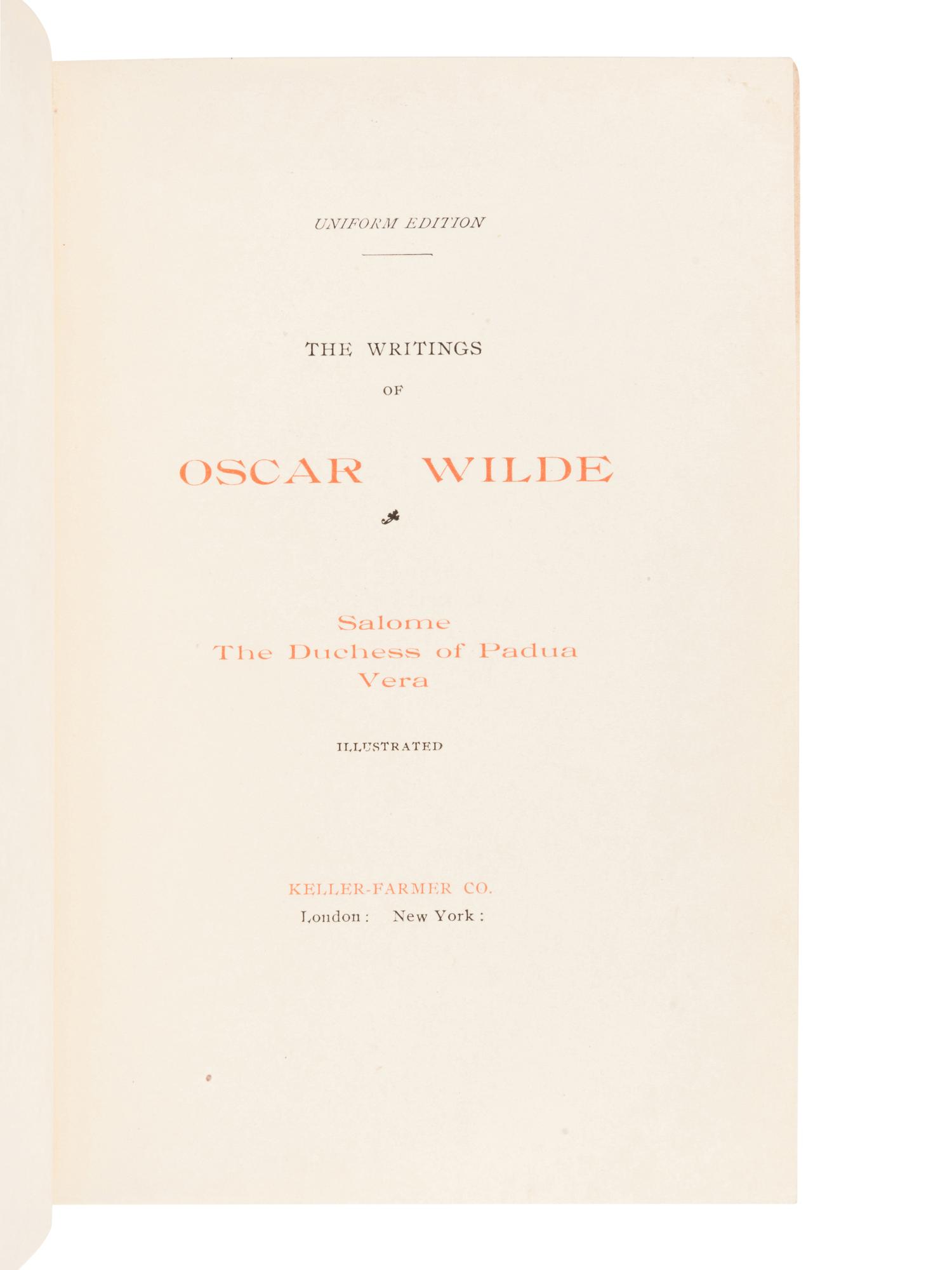 [BINDINGS]. WILDE, Oscar (1854-1900). Writings . London and New York: Keller-Farmer Co., 1907.