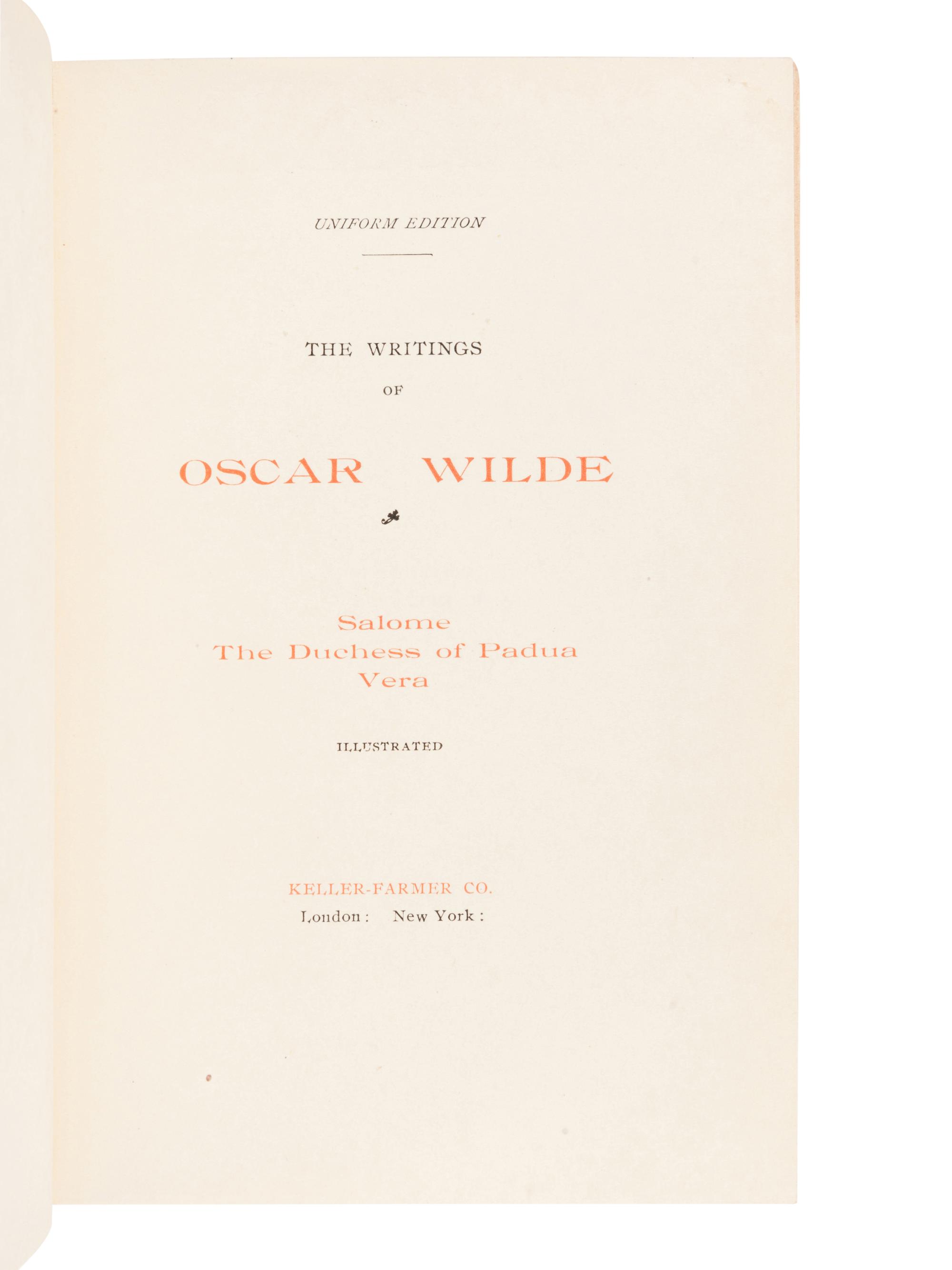 [BINDINGS]. WILDE, Oscar (1854-1900). Writings . London and New York: Keller-Farmer Co., 1907.