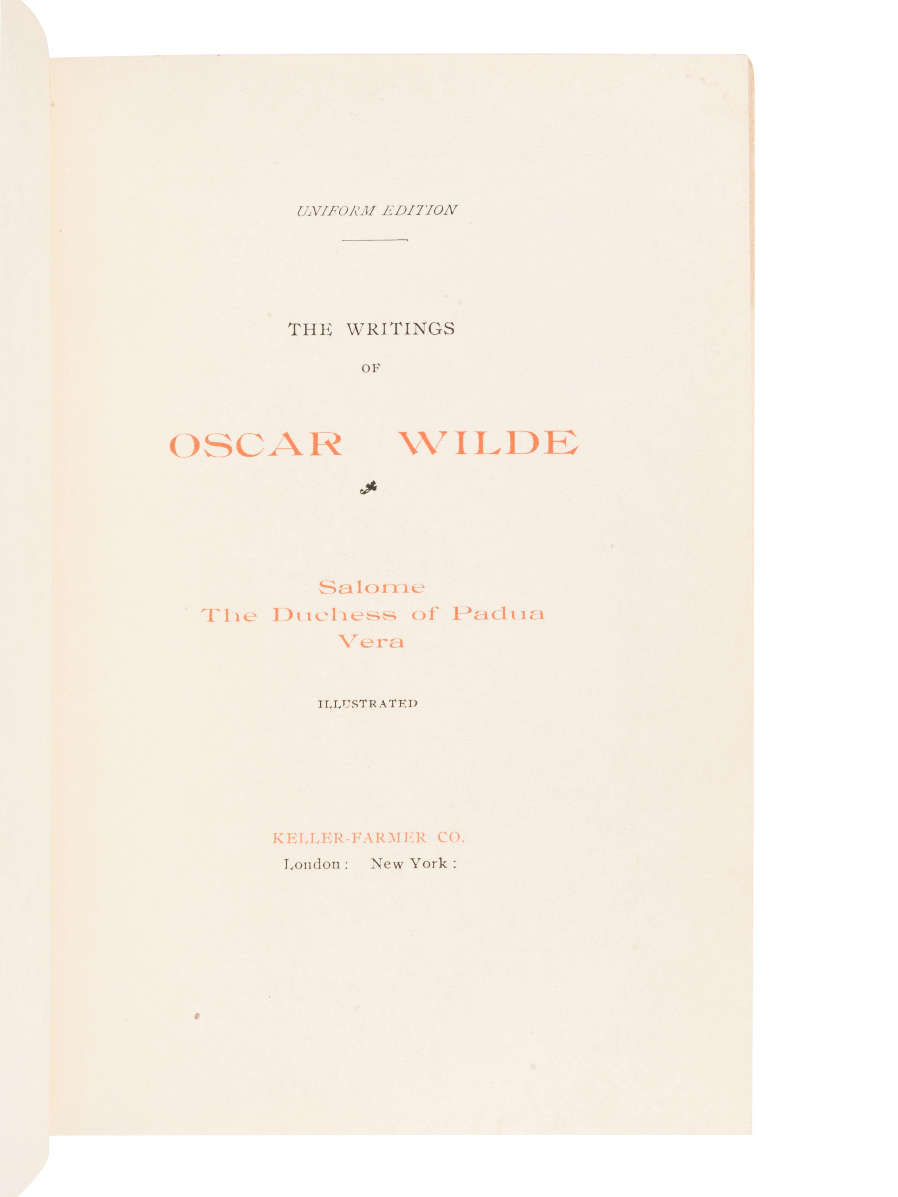 [BINDINGS]. WILDE, Oscar (1854-1900). Writings . London and New York: Keller-Farmer Co., 1907.