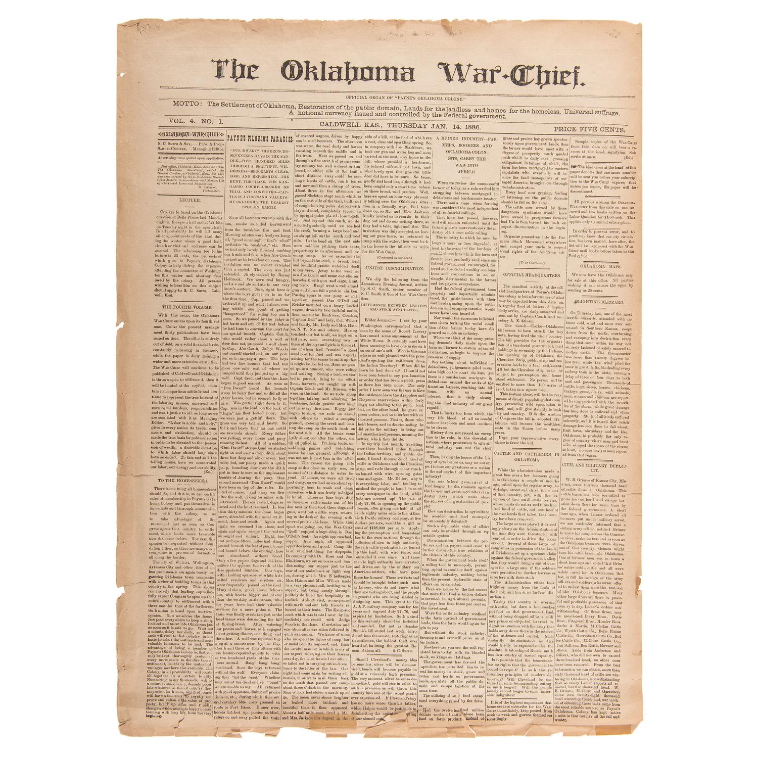 Oklahoma War Chief , Rare Newspaper Founded by Oklahoma Boomer Leader David L. Payne, 1886