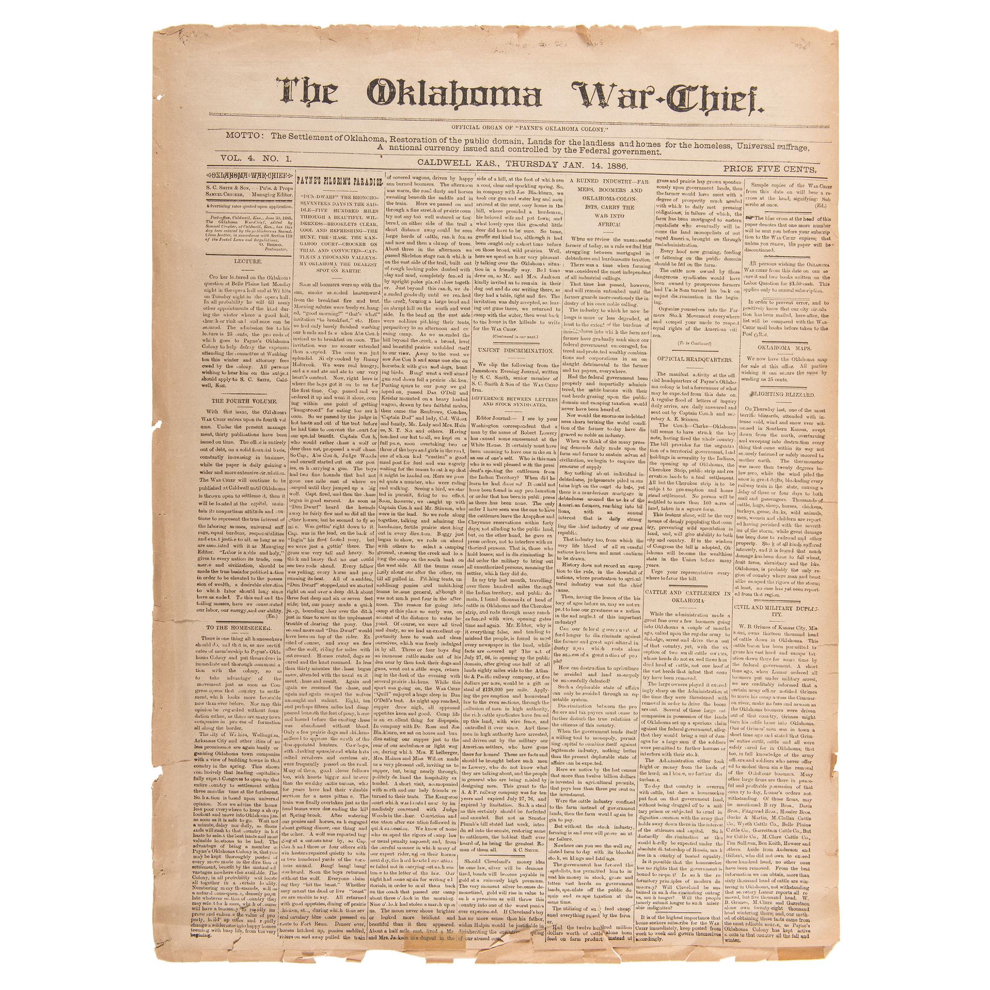 Oklahoma War Chief , Rare Newspaper Founded by Oklahoma Boomer Leader David L. Payne, 1886