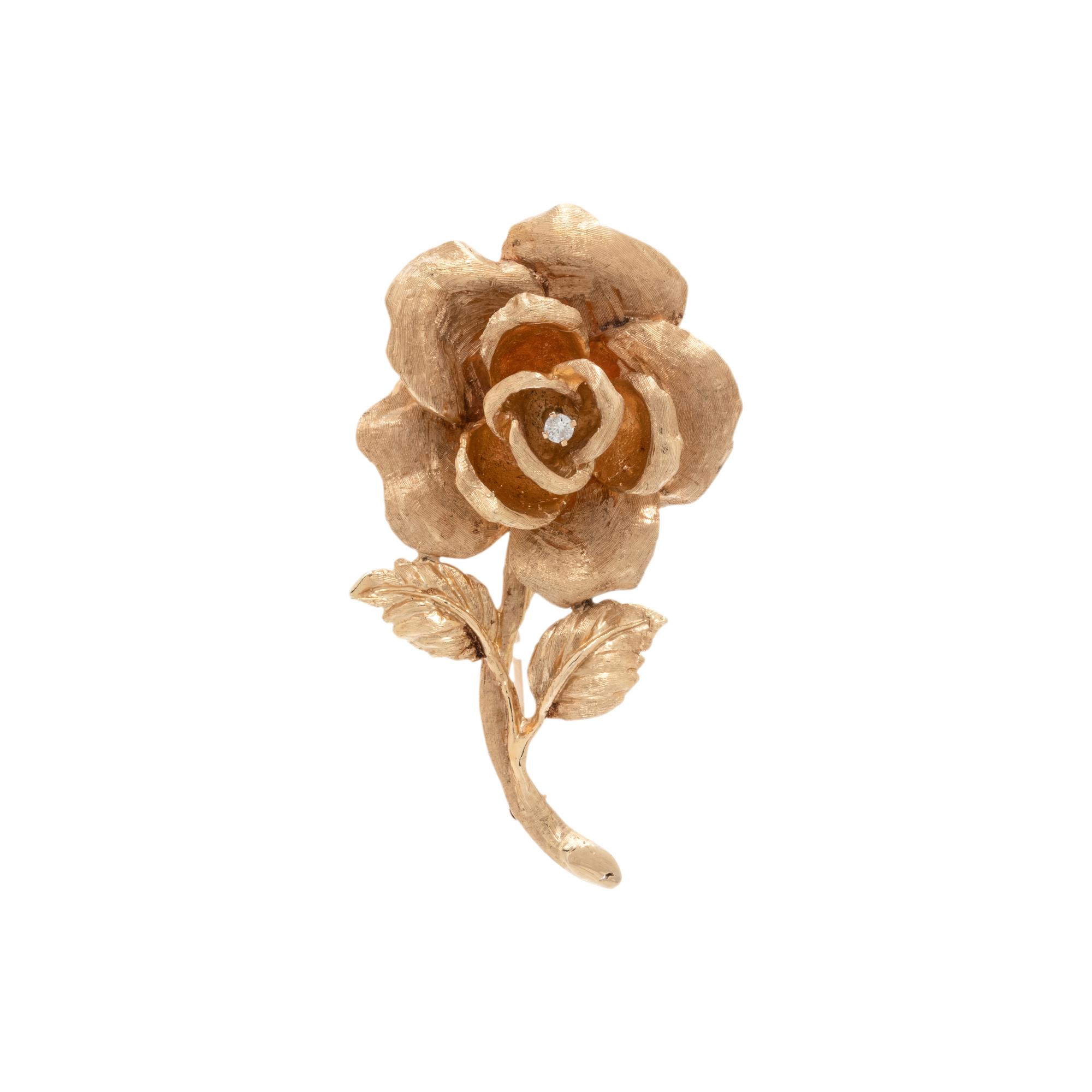 YELLOW GOLD AND DIAMOND ROSE BROOCH