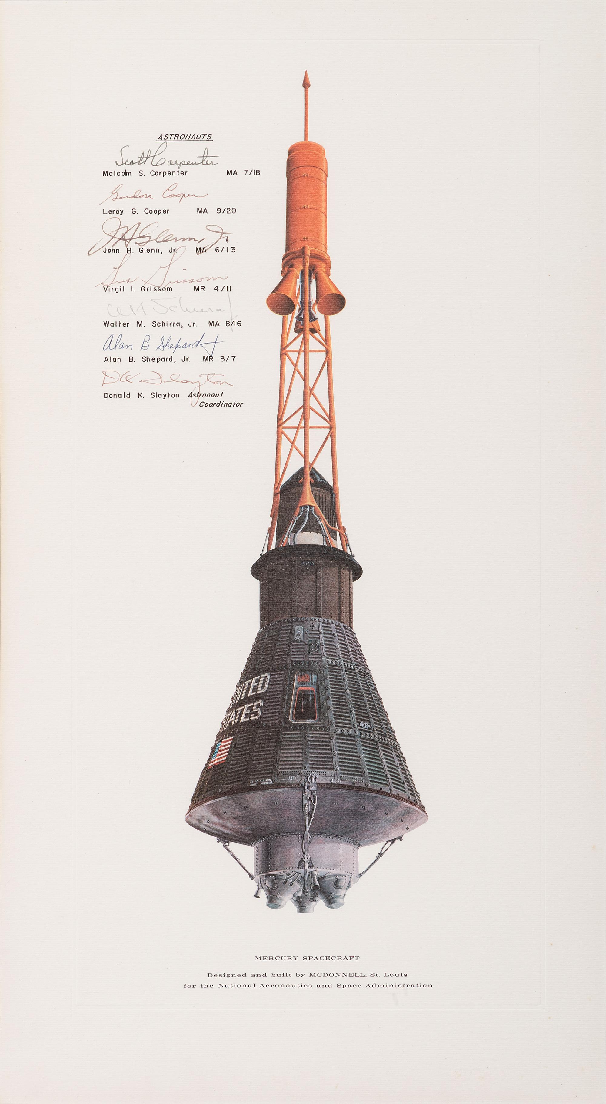 [SPACE AND EXPLORATION]. Mercury Spacecraft . Lithograph signed by Mercury astronauts.
