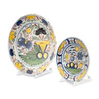 An English Delftware Polychrome Decorated Dish and Charger
