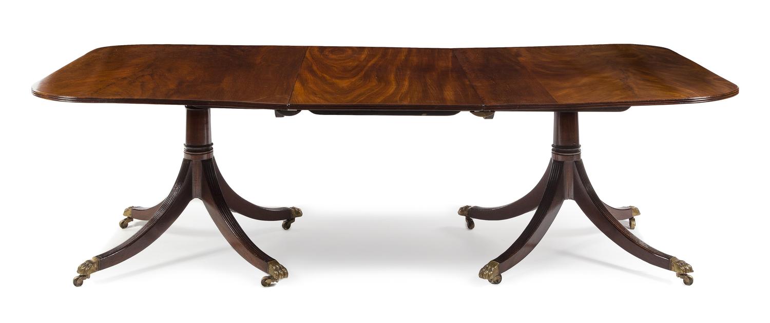 A George III Mahogany Twin-Pedestal Extension Dining Table Height 28 x width 70 (closed) x depth 48 inches. — EARLY 19TH CENTURY