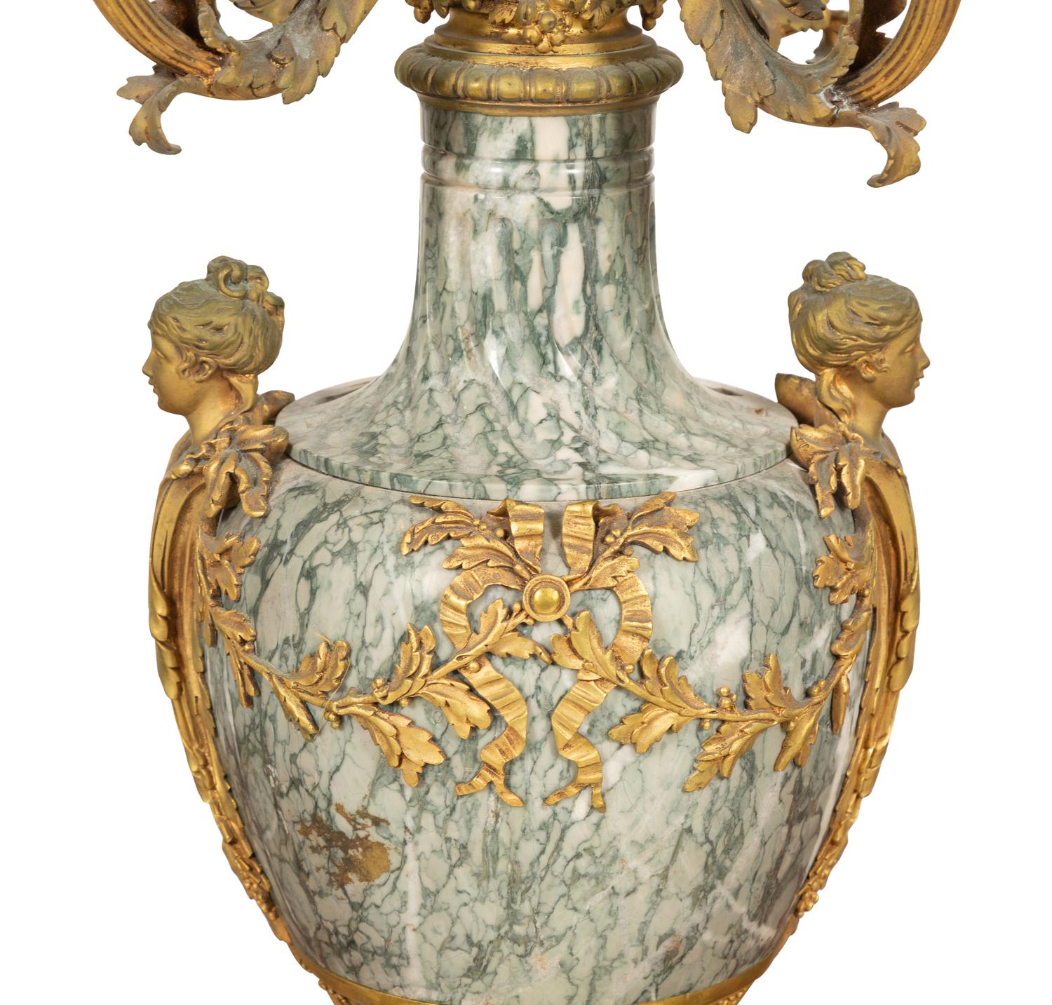 A Pair of Louis XV Style Gilt Bronze and Marble Five-Light Candelabra